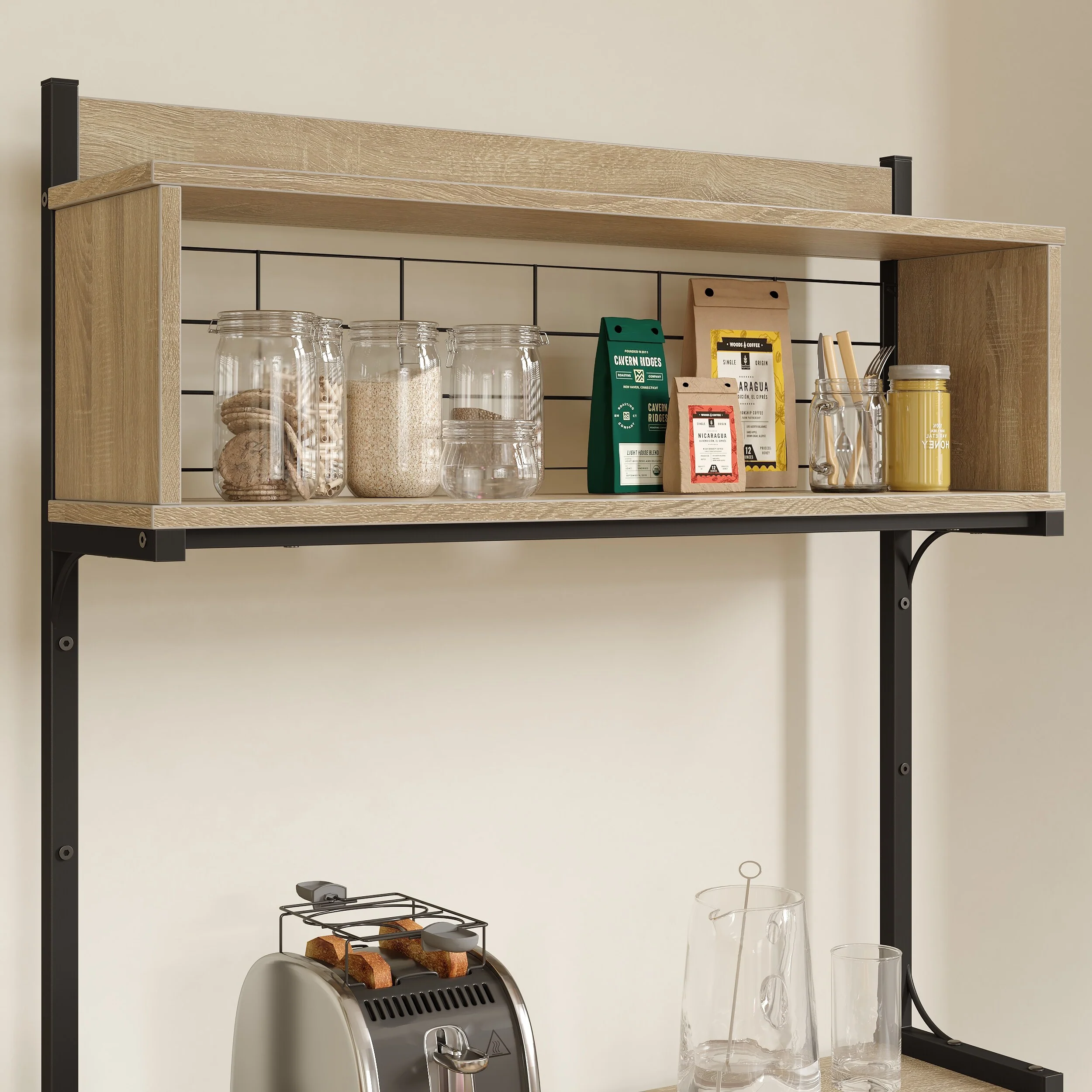 63 Inch Kitchen Baker's Rack with Hutch 8 Side Hooks