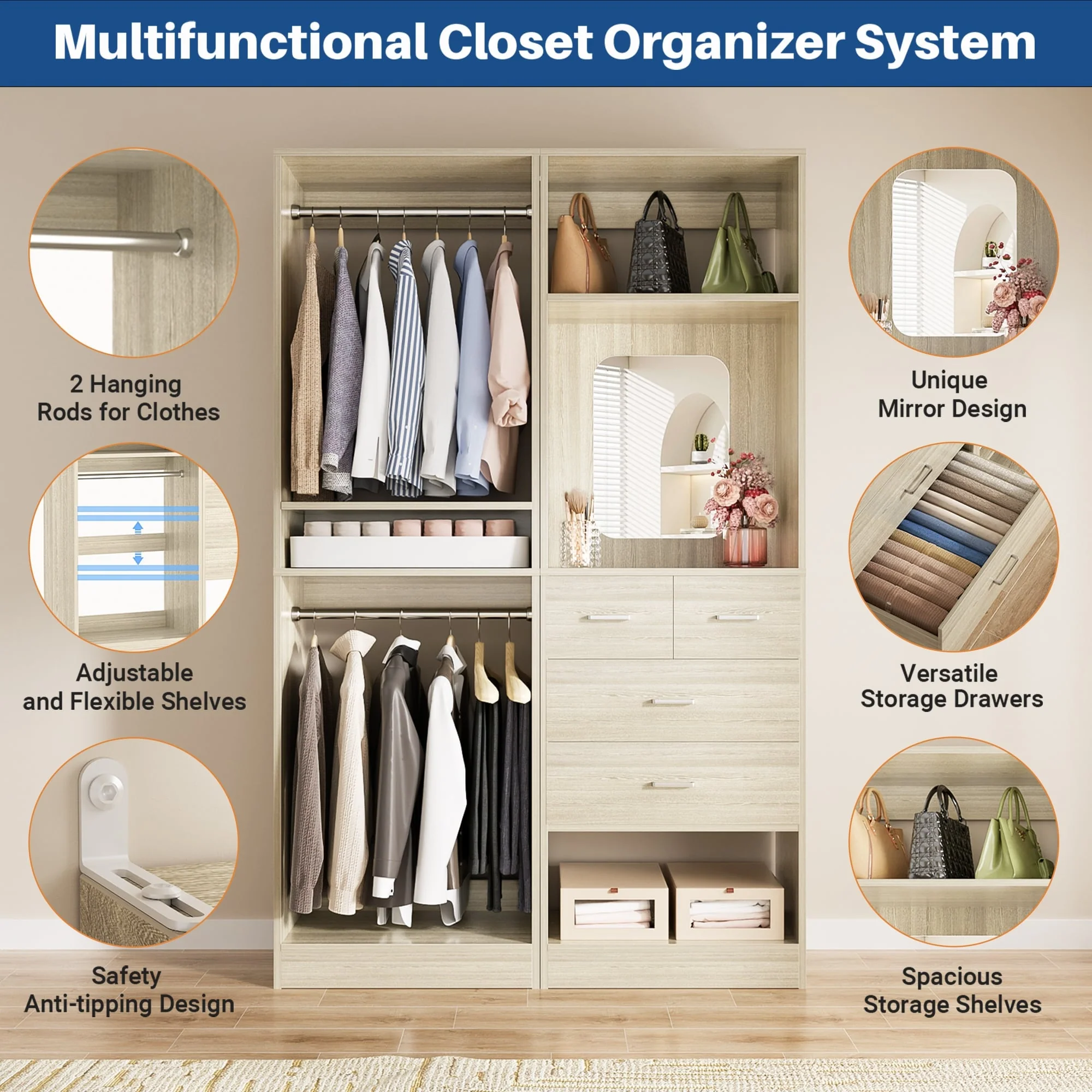 Cimly Set of 2 Free-standing Closet System with Drawers and Hanging Rods for Reach-in/ Walk-in Closet