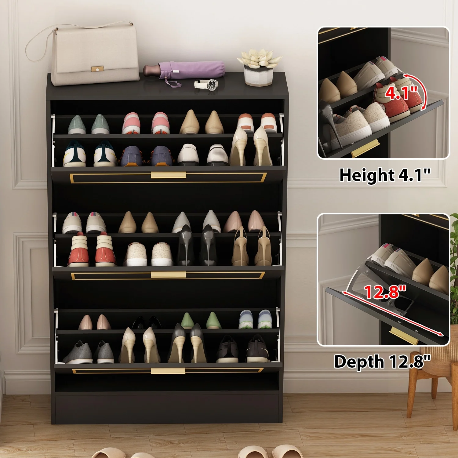 Fold-Out Shoes Cabinet Storage Cabinet Dresser Chest(Black/White)