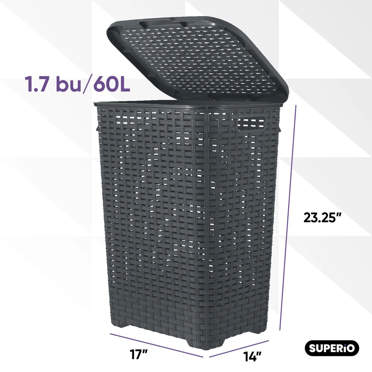 Superio Plastic Wicker Laundry Hamper with Lid Large Capacity - Capacity: 60l