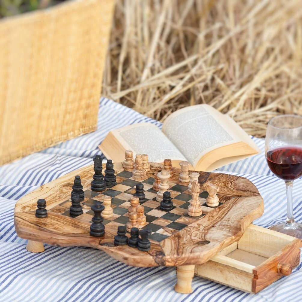 Large Olive Wood Chess Board with Storage Drawers