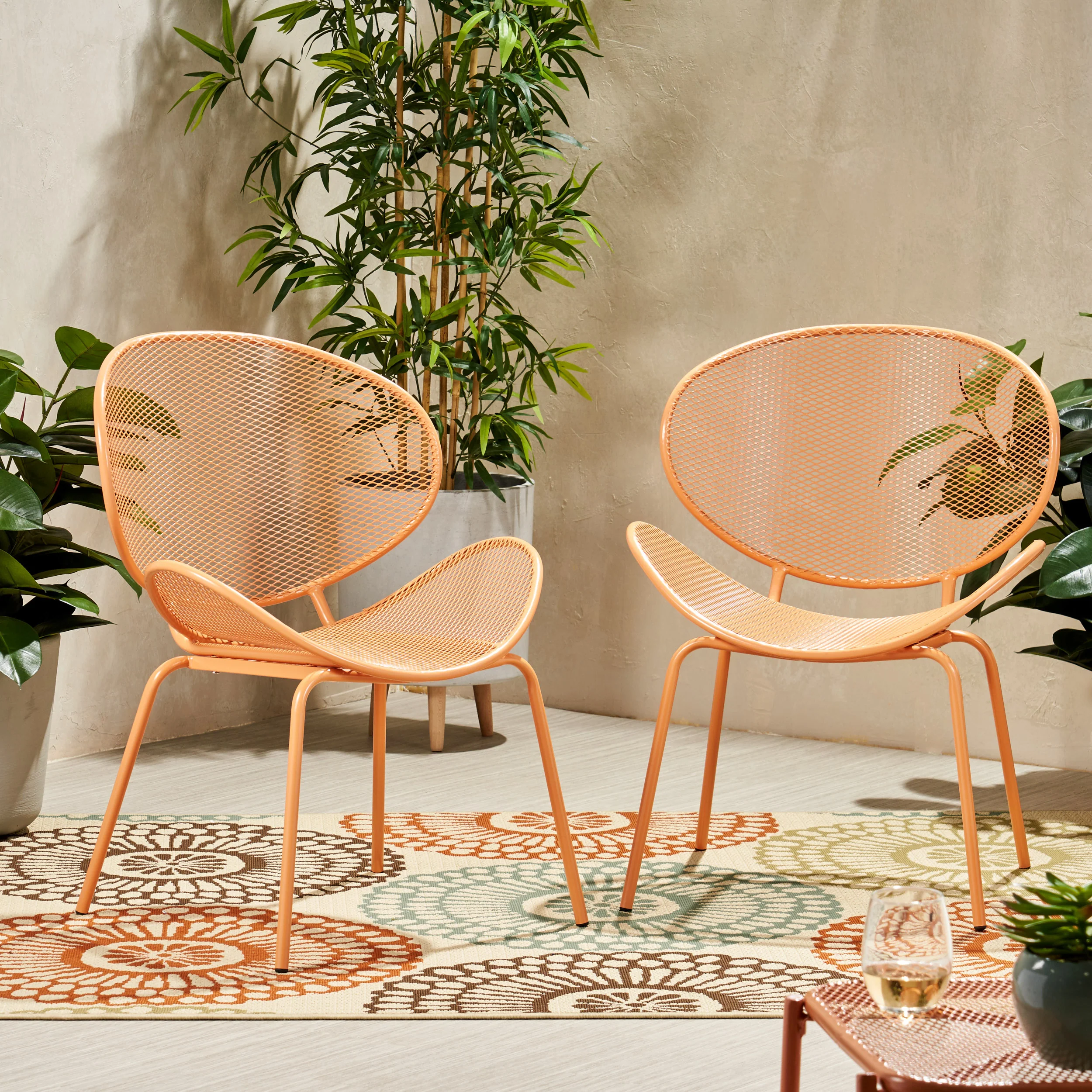 Outdoor Iron Chair with Tapered Legs and Wing Design, Set of 2