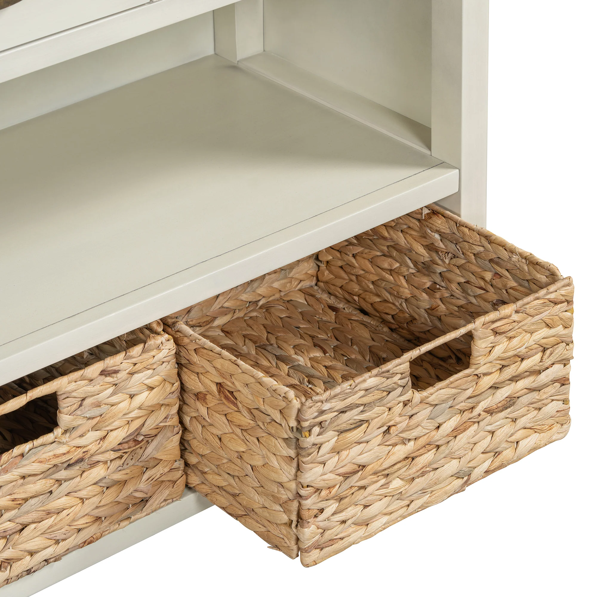 Coronate Console Table with Drawers and Water Hyacinth Woven Baskets