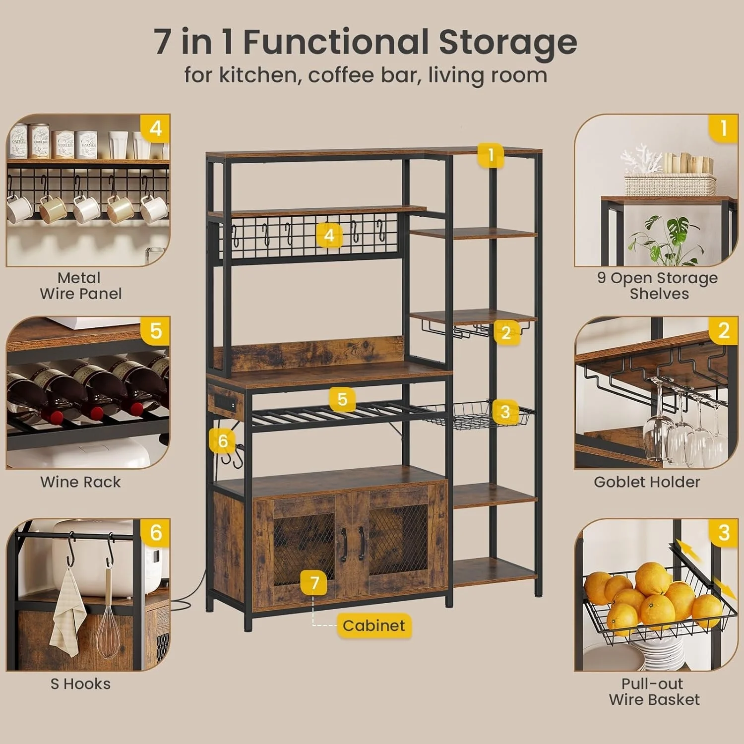 47.2 in Bakers Rack with Power Outlet Coffee Bar with Cabinet