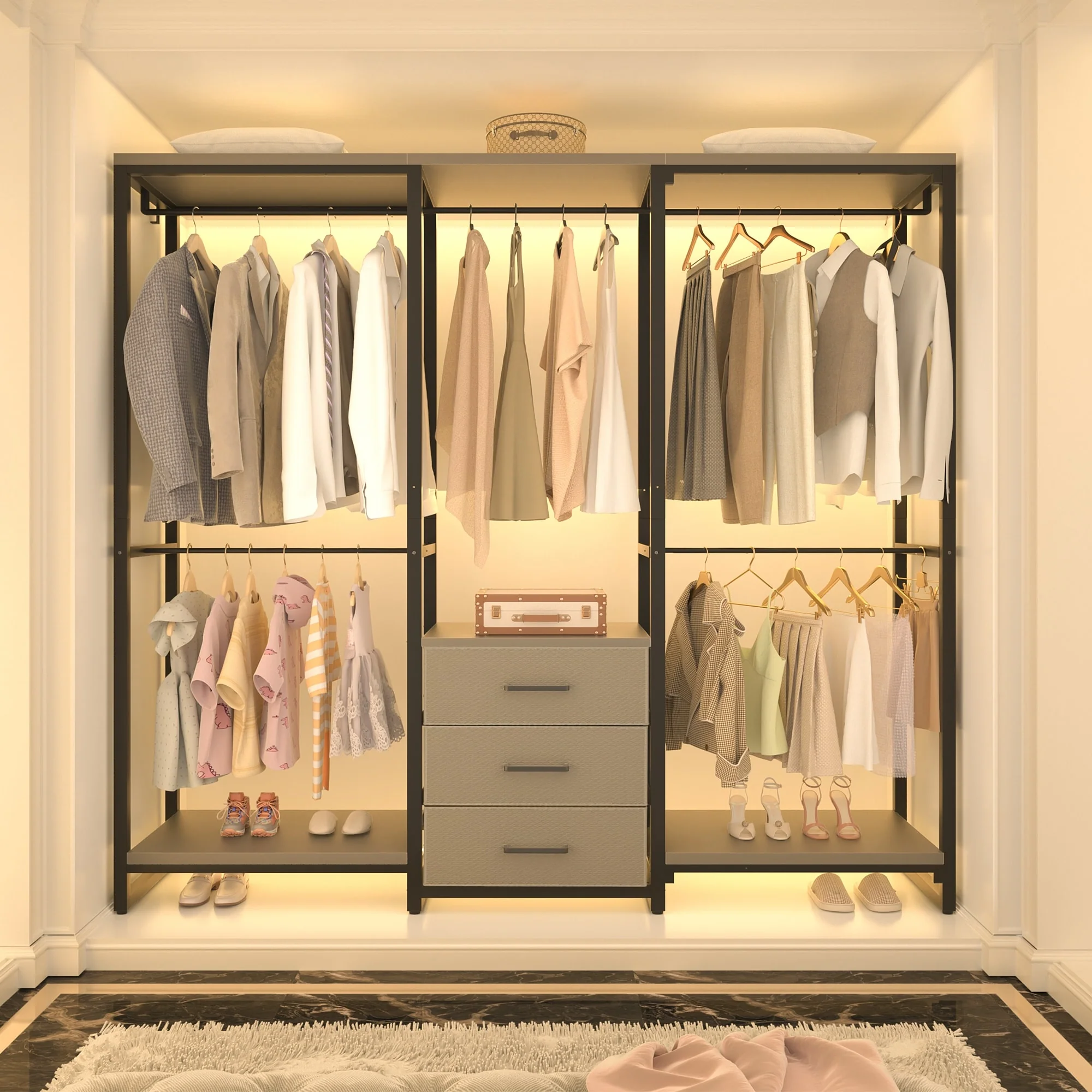 65.6'' Heavy-duty Garment Rack, Freestanding Closet Organizer with Fabric Drawers and 5 hanging Rods