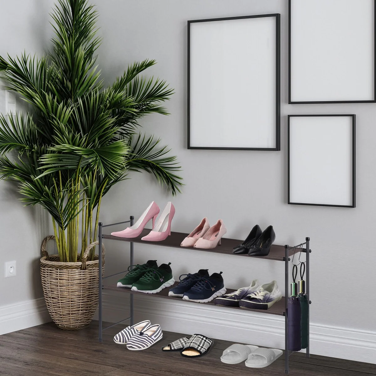 Freestanding Sturdy Fabric Shoe Rack Organizer with 2 Metal Hooks, Bronze