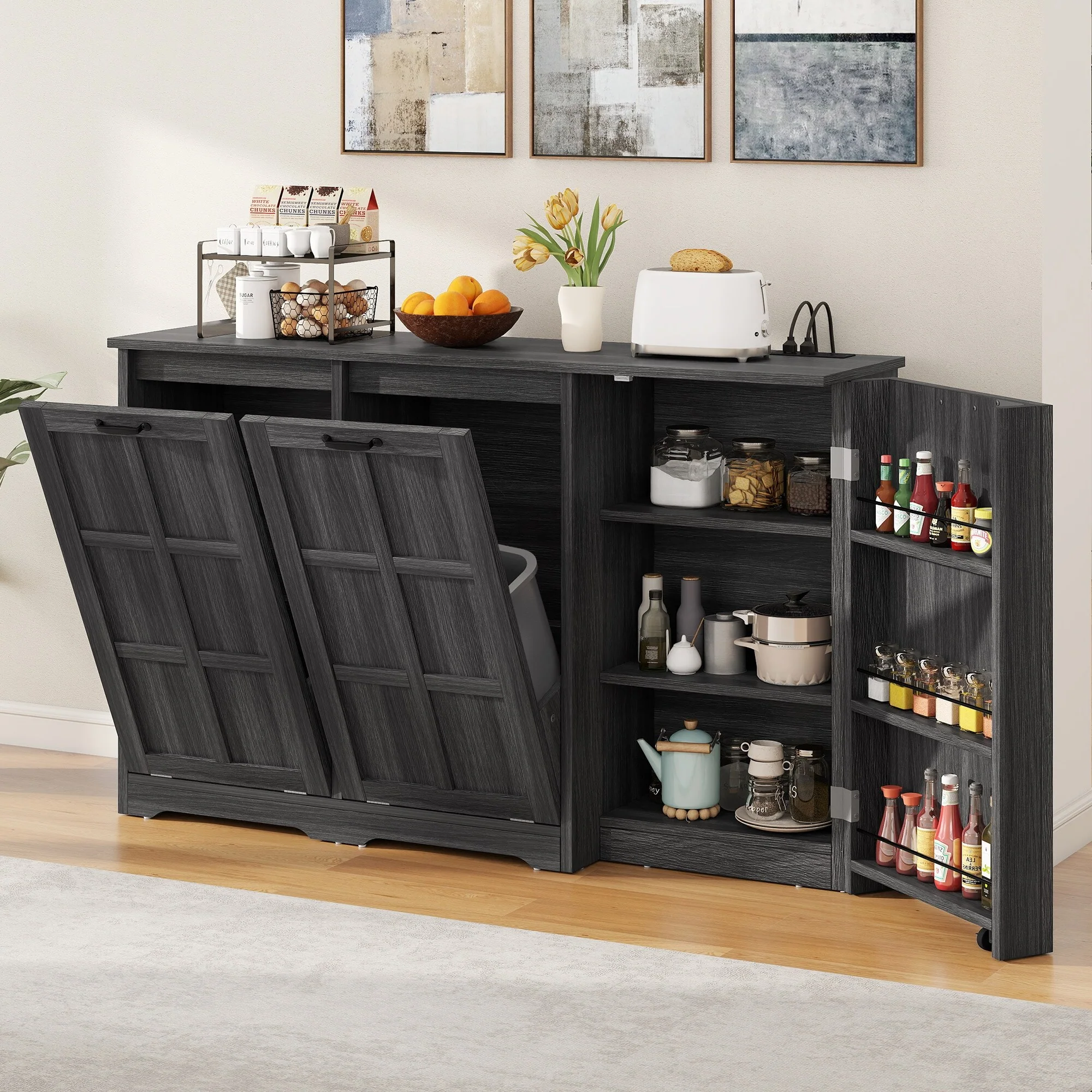 Moasis Kitchen Island with Double Tilt Out Trash Cabinet(13 Gallon) with Adjustable Shelves and Charging Station