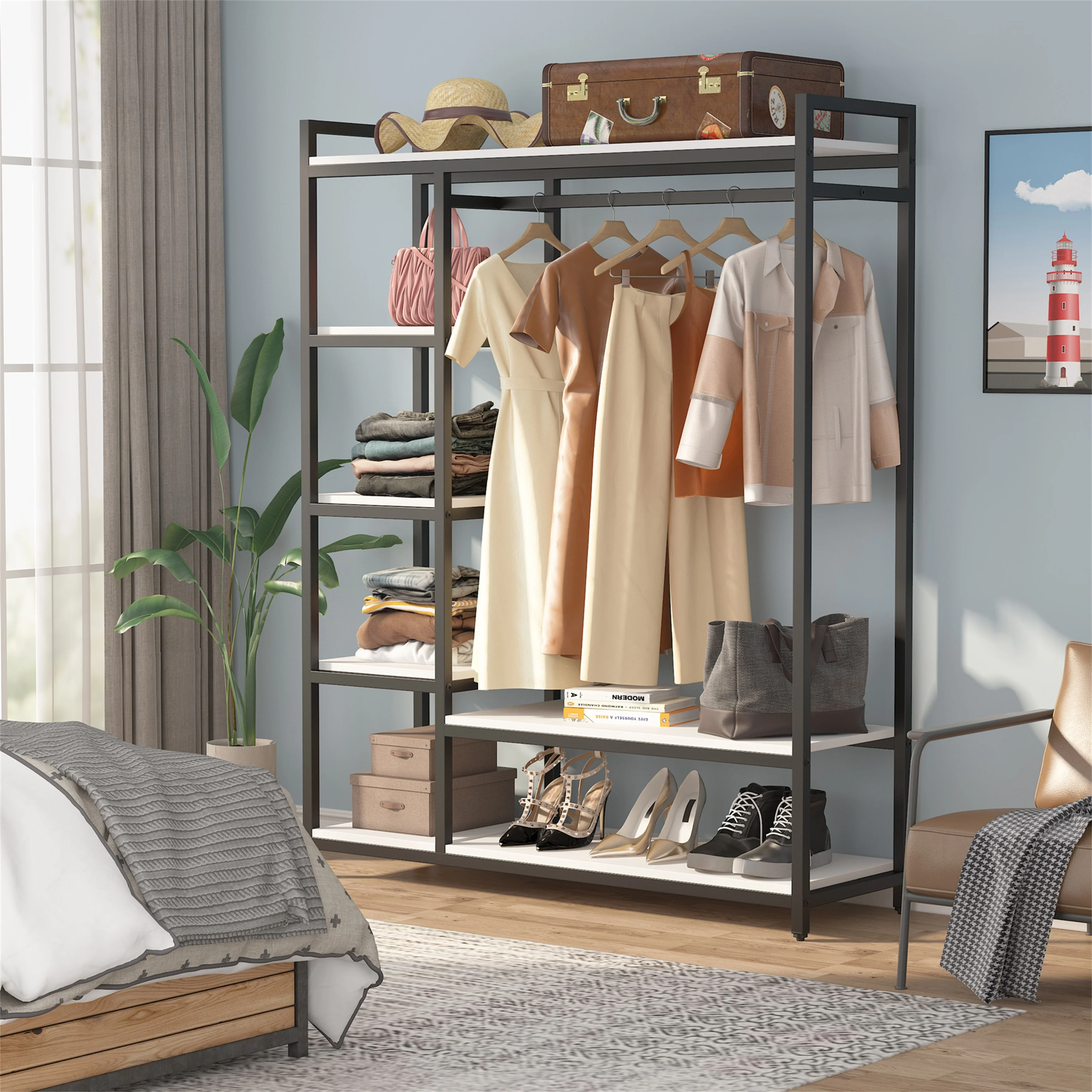 Black/ White Modern Clothes Garment Rack,Metal and Wood Closet Rack Closet Organizer System with Hanging Rod and Shelf