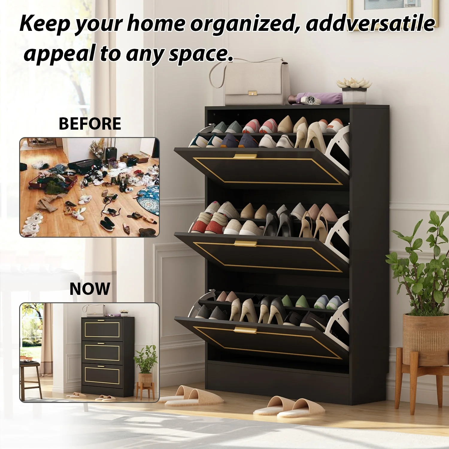 Fold-Out Shoes Cabinet Storage Cabinet Dresser Chest(Black/White)