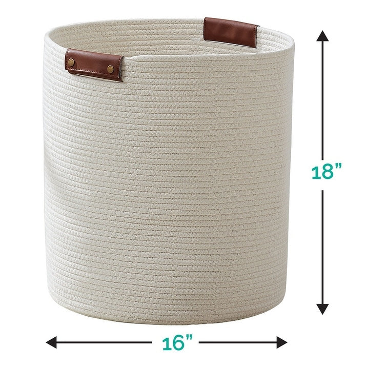 Large Cotton Rope Storage Basket Laundry Hamper Woven Basket with Leather Handles -16 x 18 - 16