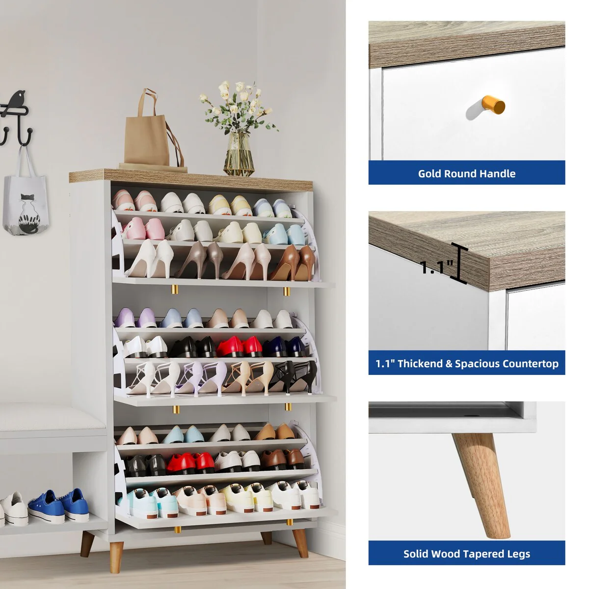 Moasis 3 Flip Drawers Shoe Storage Cabinet with Padded Seat Bench for Entryway