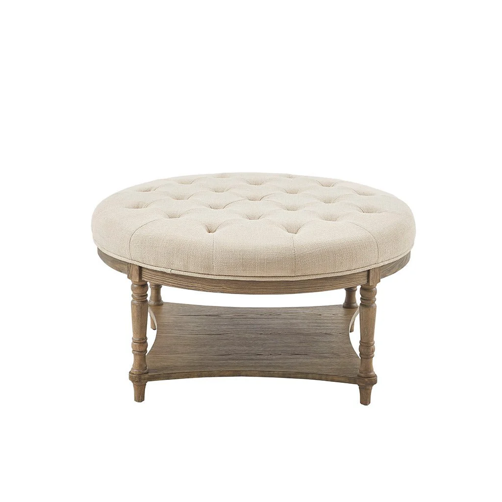 Button Tufted Round Ottoman with Turned Legs