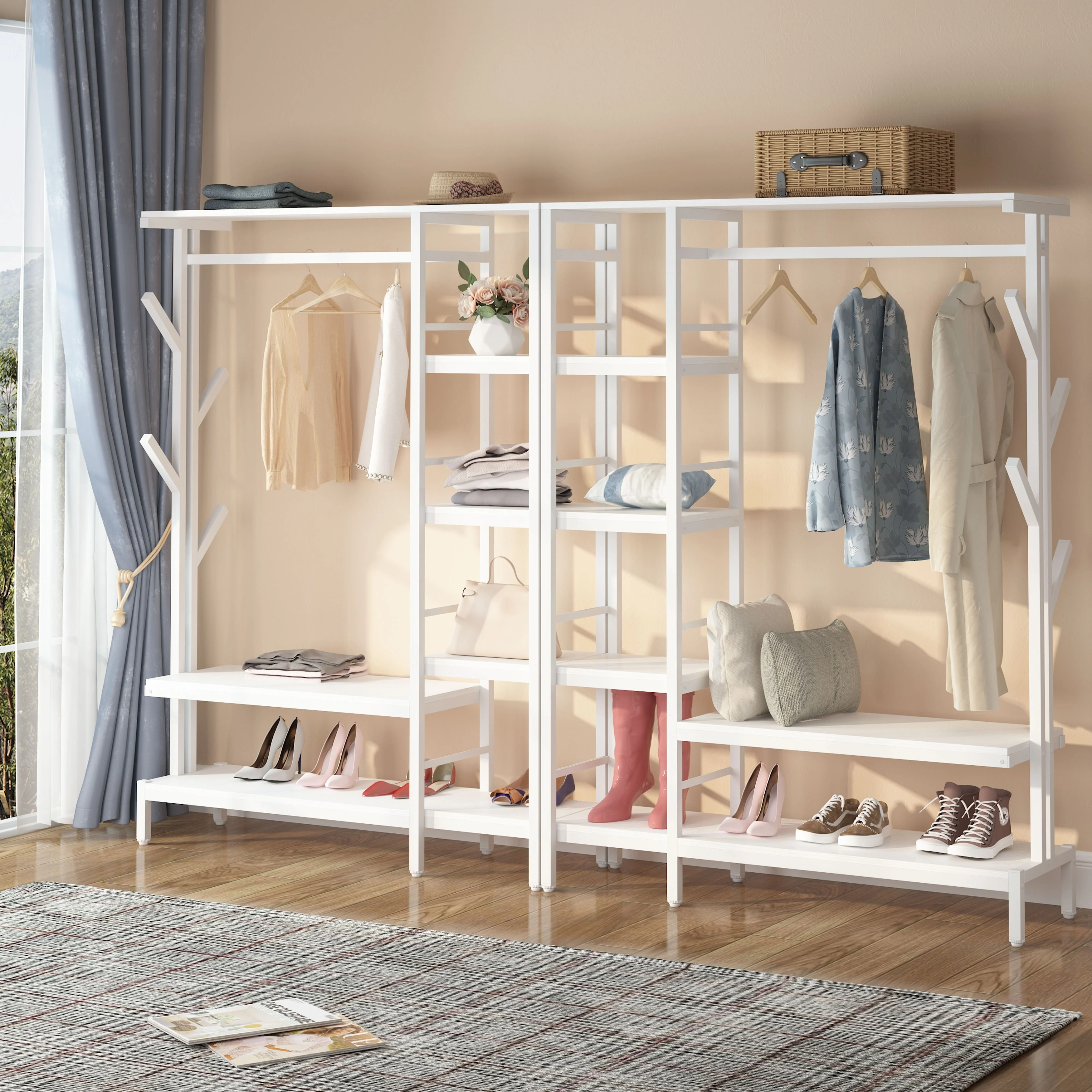 Free-standing Closet Organizer with Hooks, Garment Rack, Coat Rack with Shoe Bench