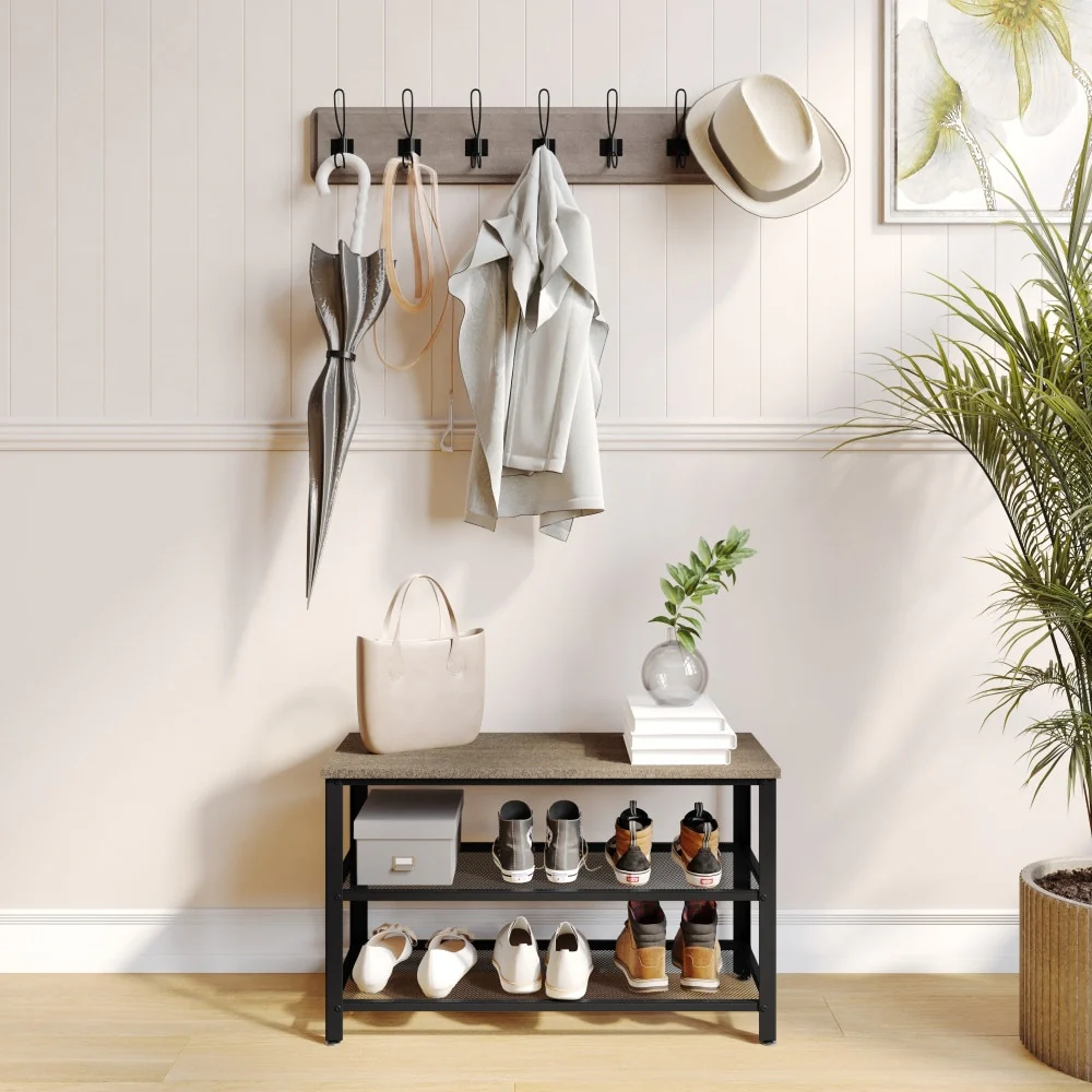 3-Tier Entryway Bench with Mesh Metal Shoe Storage Shelves
