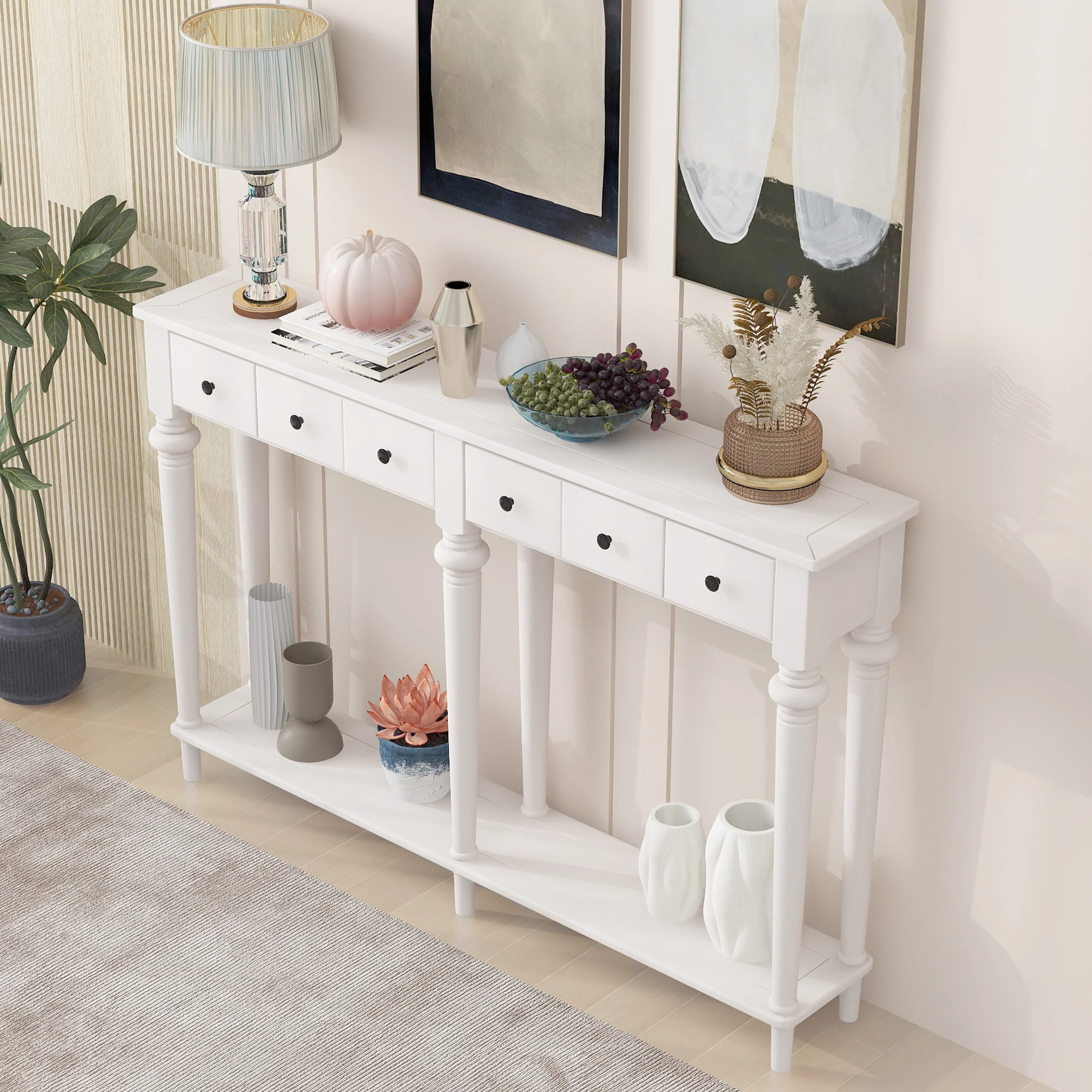 Console Table with 4 Drawers and Open Shelf