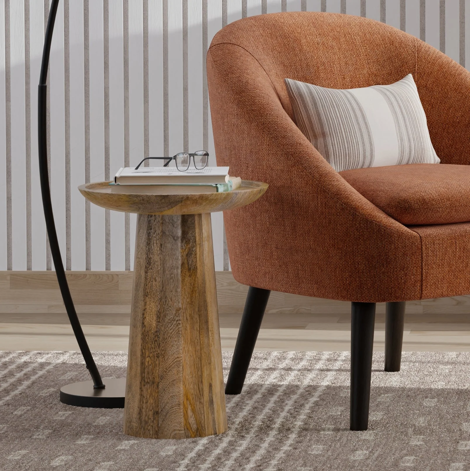 Pantomime Wooden Round Accent Table with Sculptural Design Base