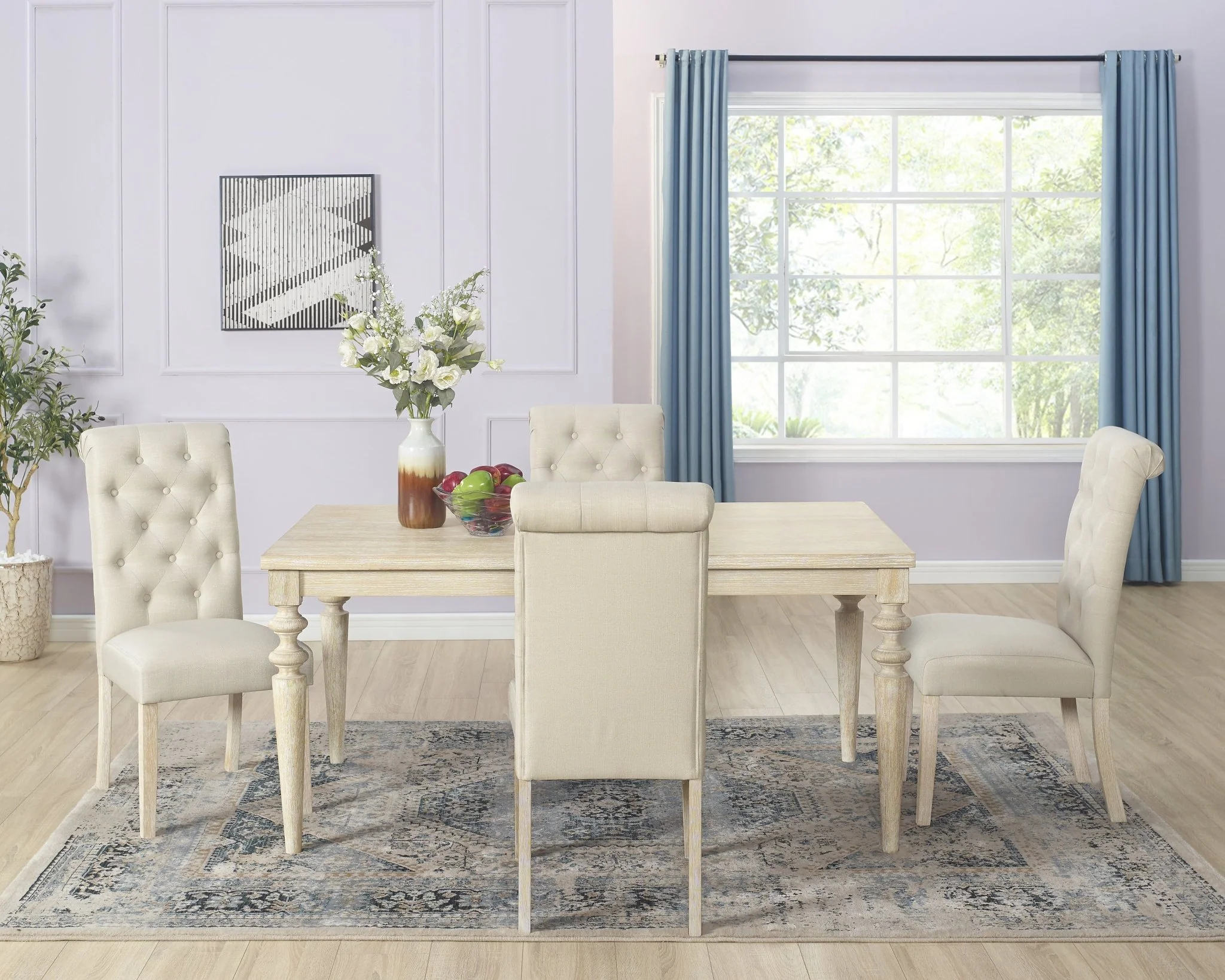 Driva 5-Piece Dining Set with Turned-Leg Table and 4 Tufted Chairs