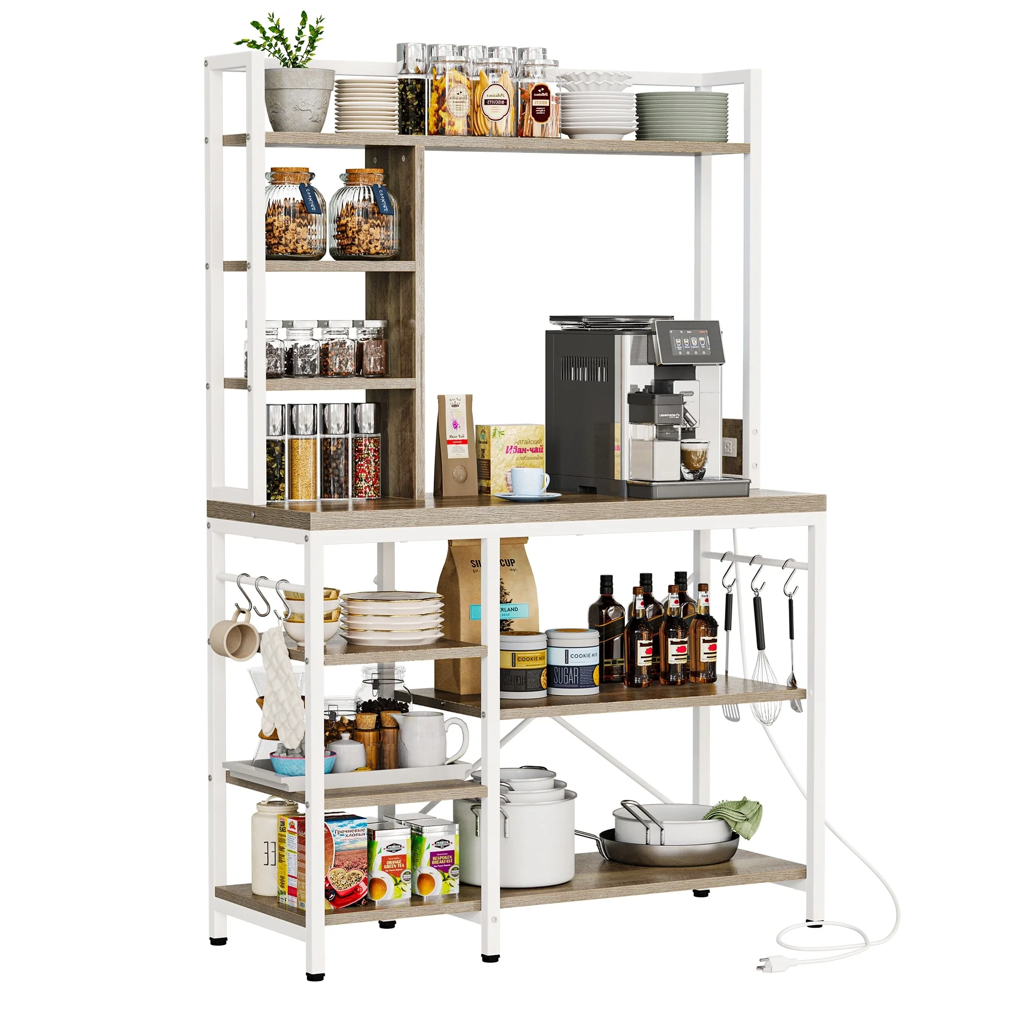 Moasis Kitchen Bakers Rack Utility Storage Shelf with Power Outlets Microwave Oven Stand