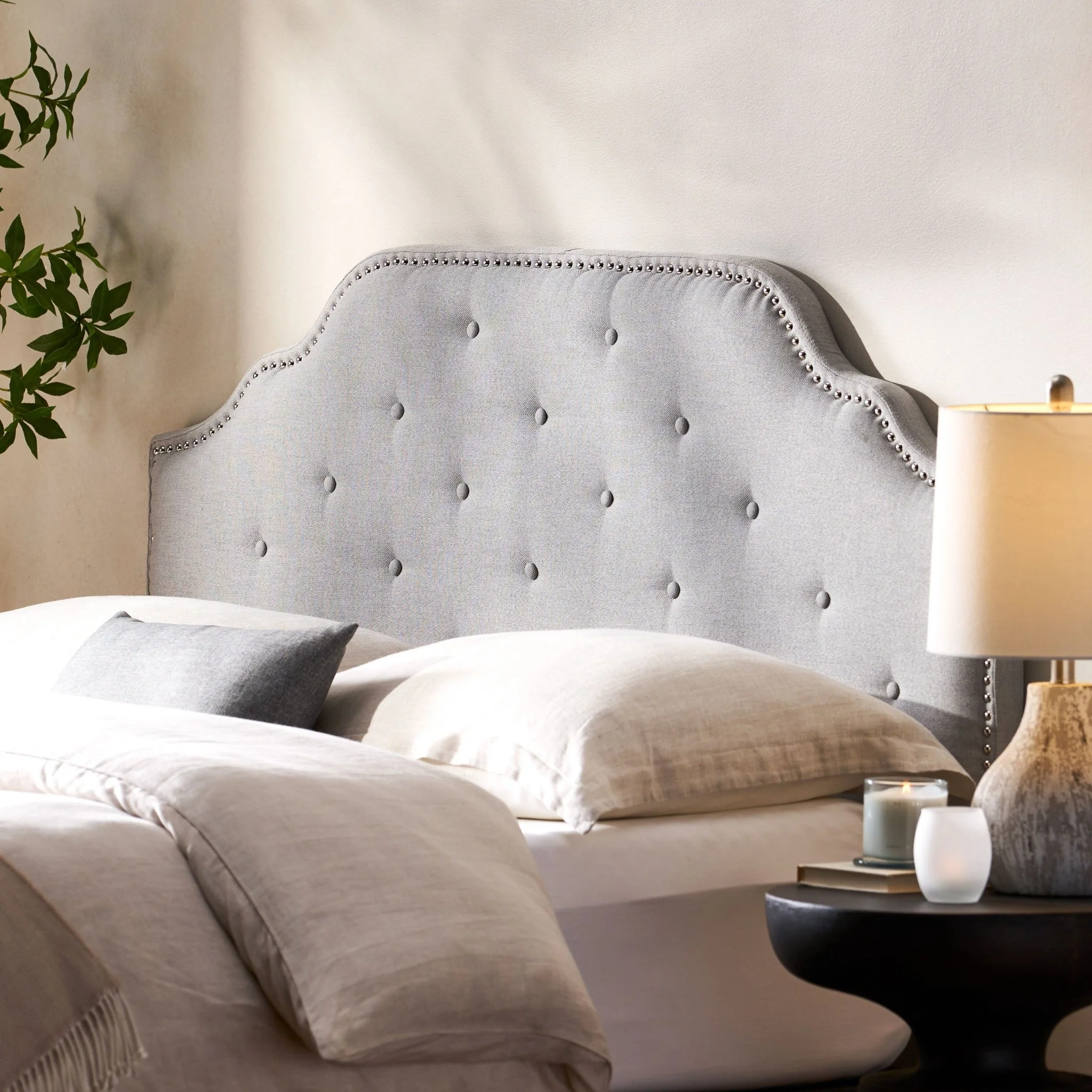 Upholstered Headboard with Diamond Tufted and Nail Head Trim, Queen and Full Size