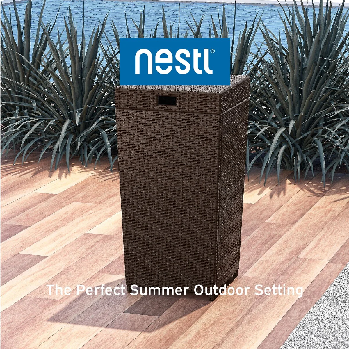 Nestl Outdoor Trash Can with Lid - 30 Gallon Durable Wicker Garbage Can for Patio