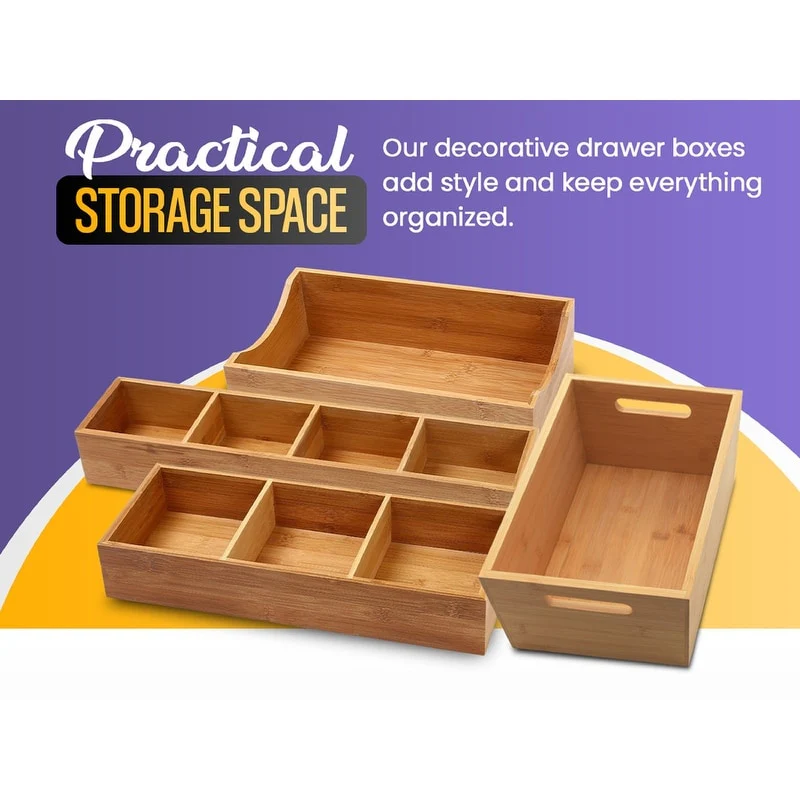 YBM HOME Bamboo 4 Compartment Organizer Tray for Drawers - 4 Compartment
