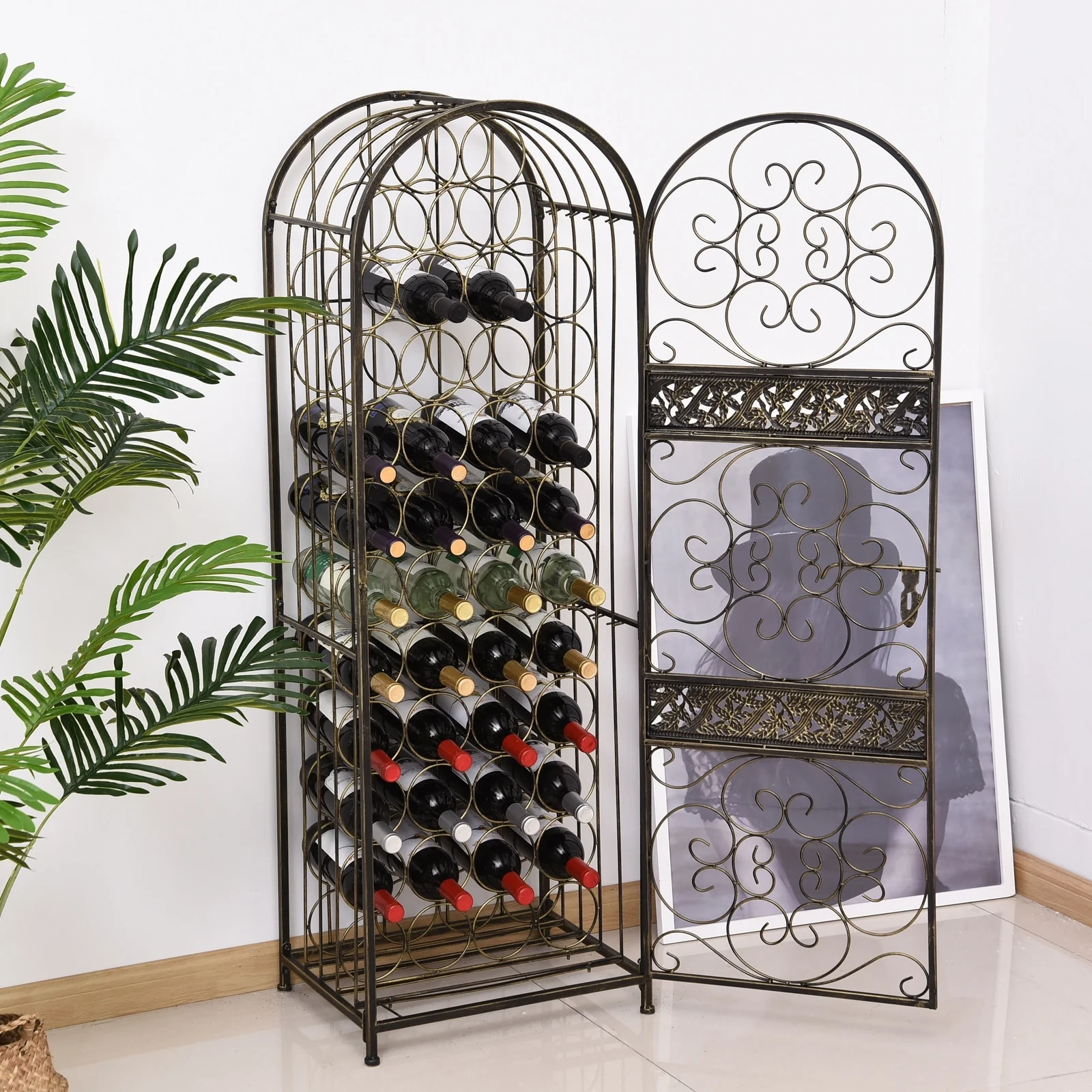 HOMCOM 45 Bottle Wrought Iron Wine Rack Jail with Lock - Antique Bronze - 17.5*14.25*52