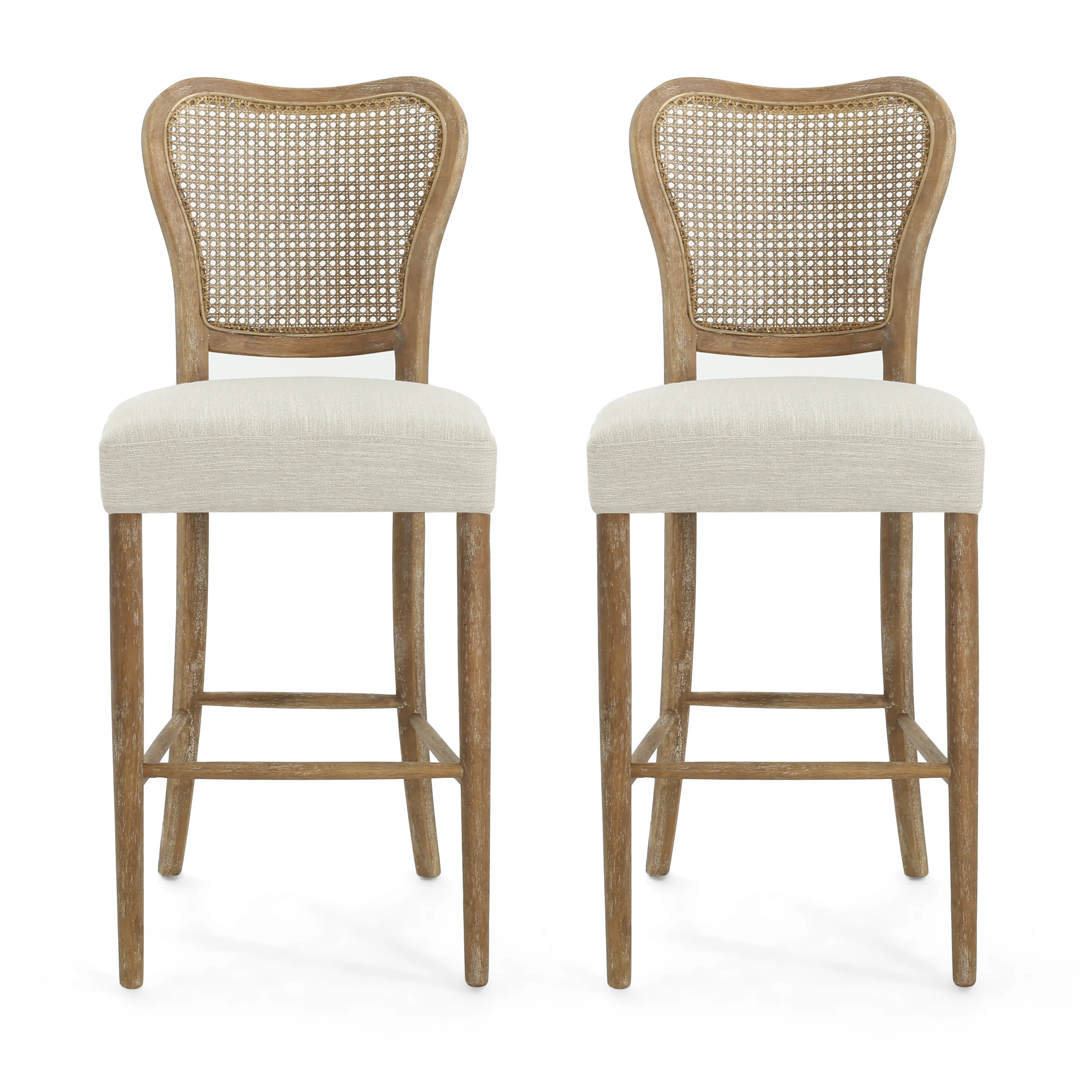 Cane-Back Upholstered Bar Stools, Set of 2
