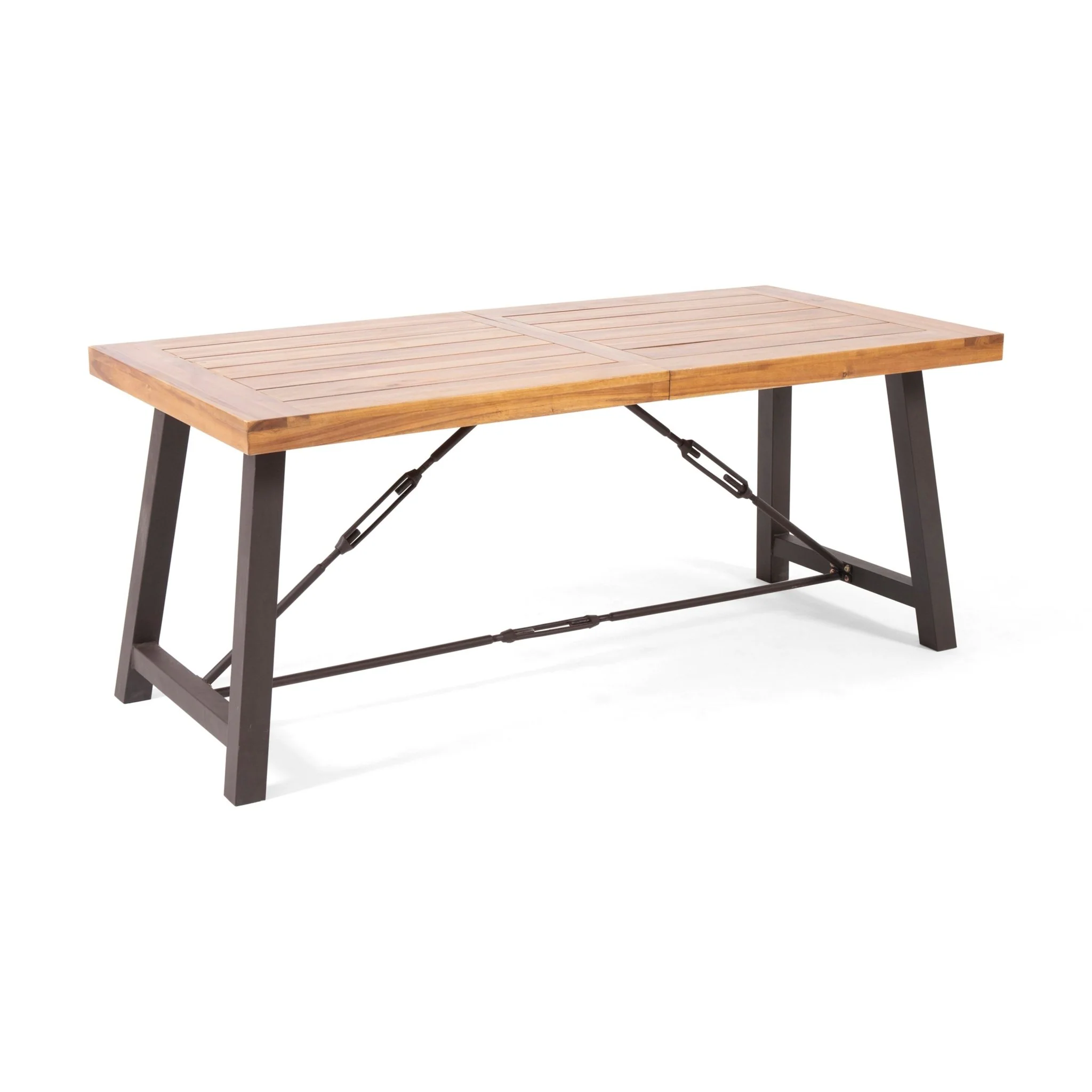 Outdoor Dining Table with Slat Wooden Panel and Turnbuckle Accents