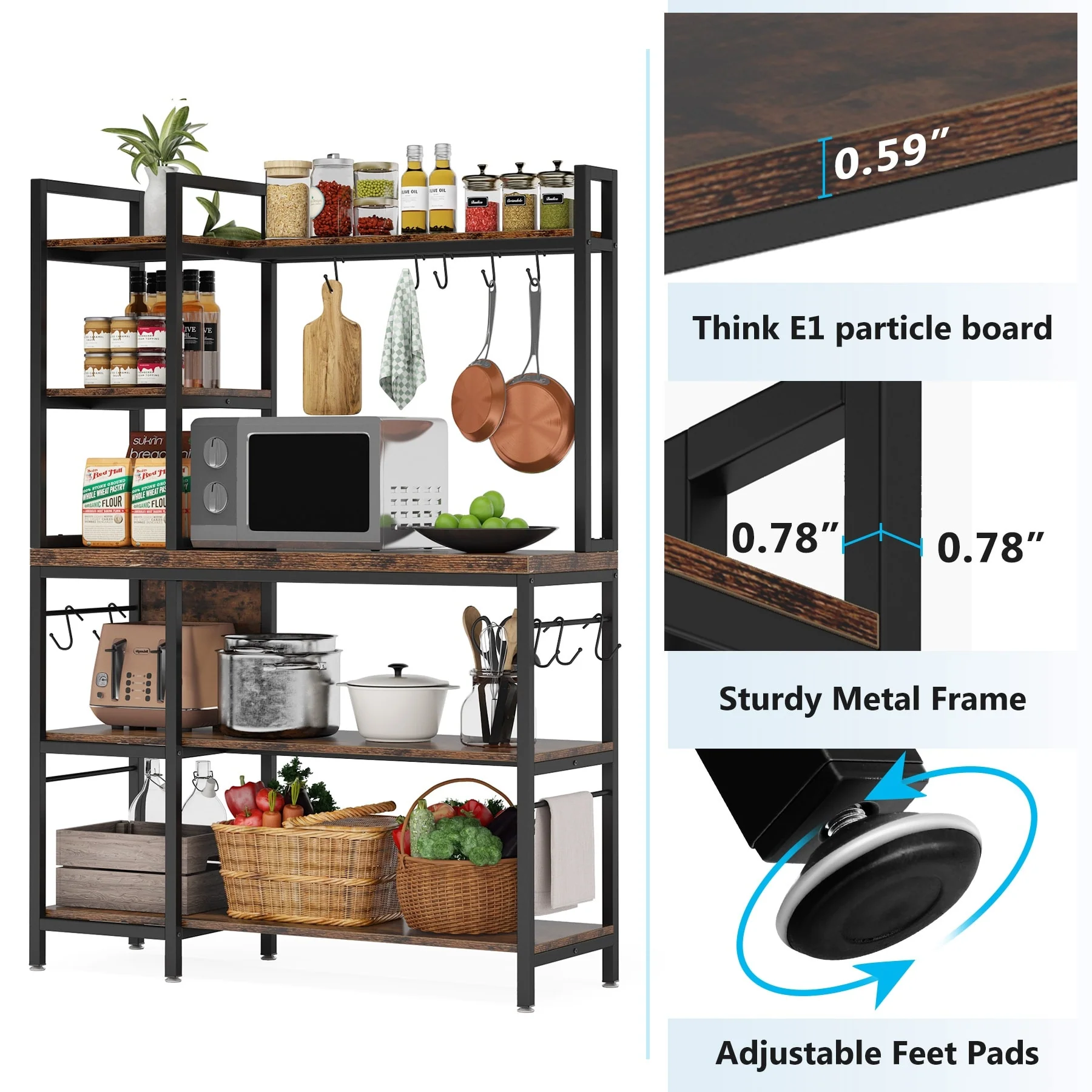 43 inch Kitchen Bakers Rack with Microwave Stand 5-Tier Kitchen Utility Storage Shelf Rack and10 Hooks for Kitchen Living Room