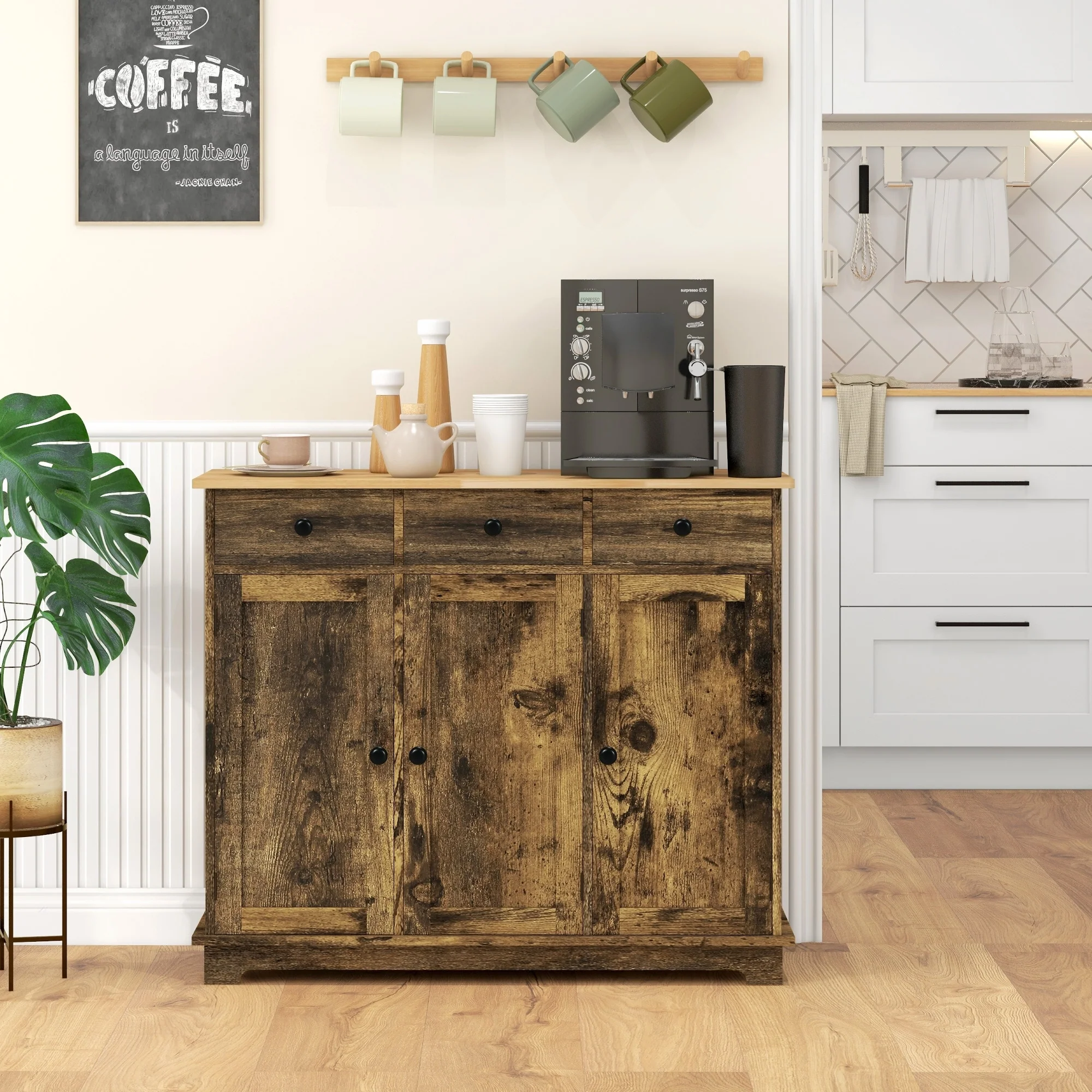 HOMCOM Sideboard with Solid Wood Countertop, Modern Kitchen Storage Cabinet, Coffee Bar Cabinet with 3 Drawers