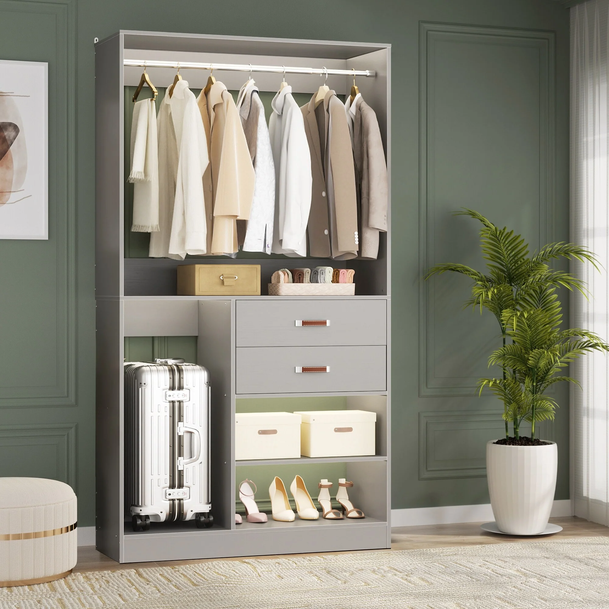 Vryon 40''W Freestanding Closet Organizer with Hanging Rod, Closet System Wardrobe with Wood Drawers