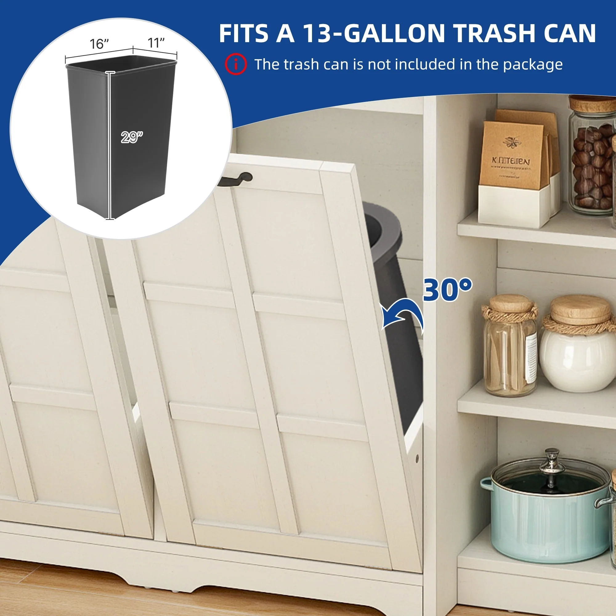 Moasis Kitchen Island with Double Tilt Out Trash Cabinet(13 Gallon) with Adjustable Shelves and Charging Station