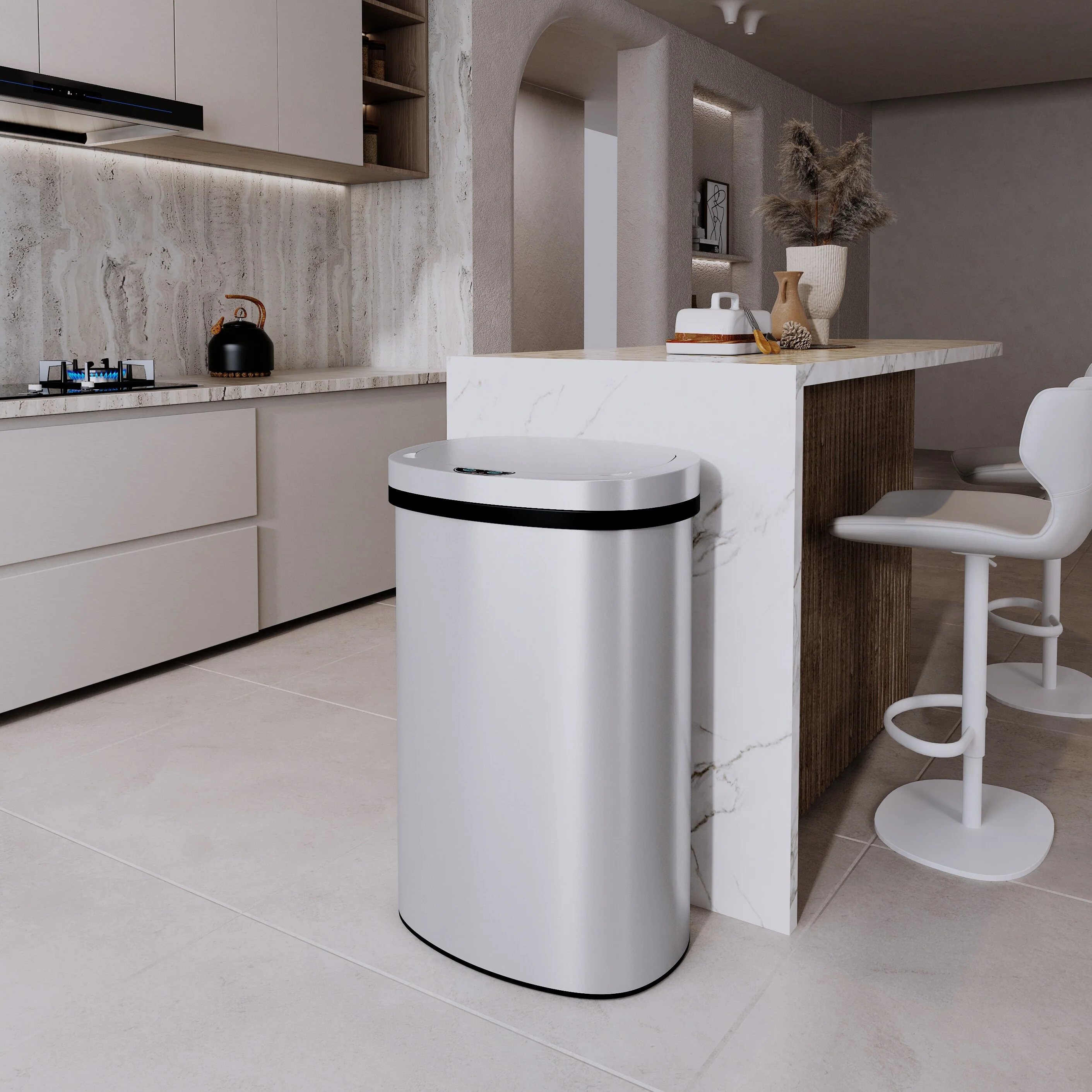 Innovaze 15.6 Gal./60 Liter Stainless Steel Oval Motion Sensor Trash Can for Kitchen