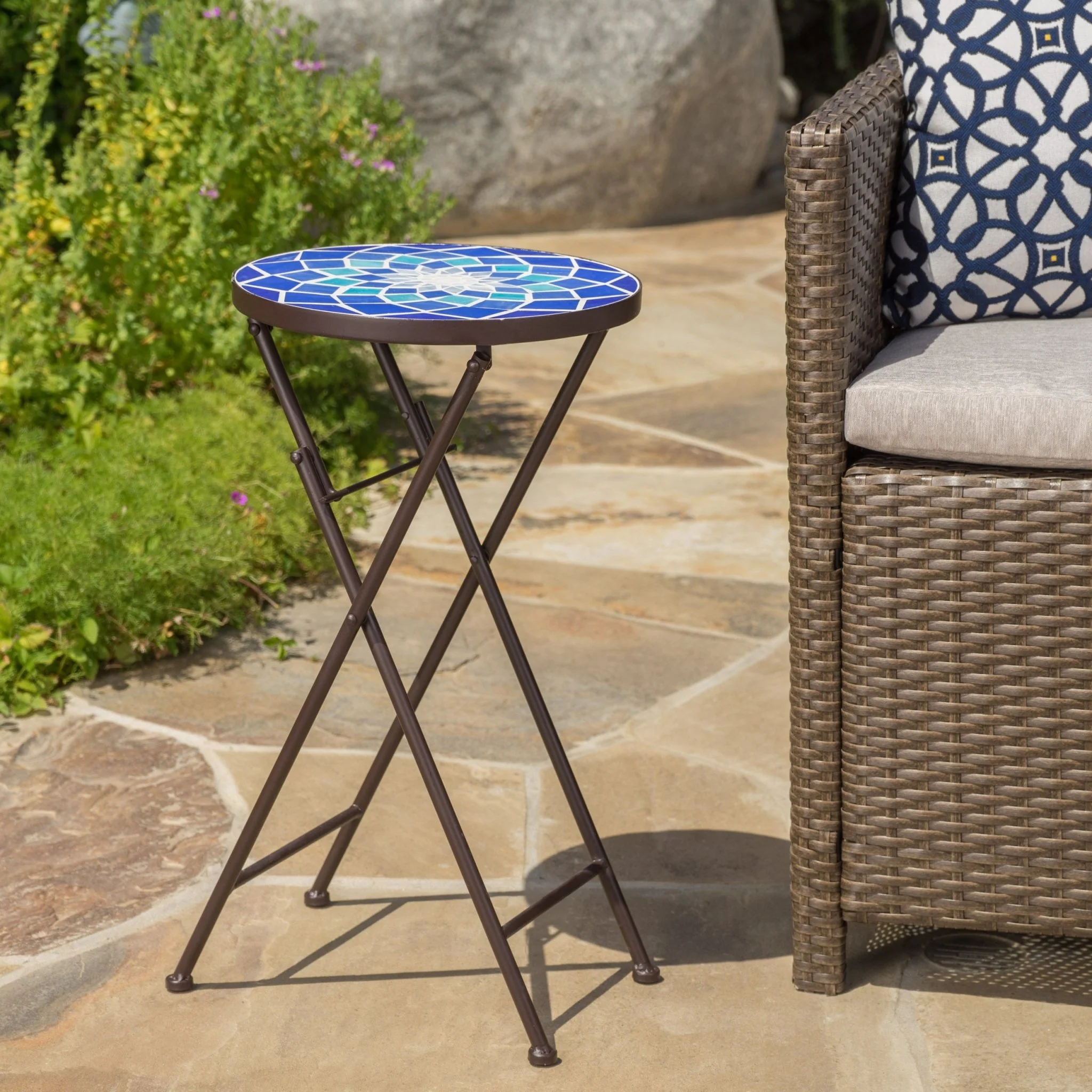 Outdoor Folding Accent Table with Glass Top and Iron Frame