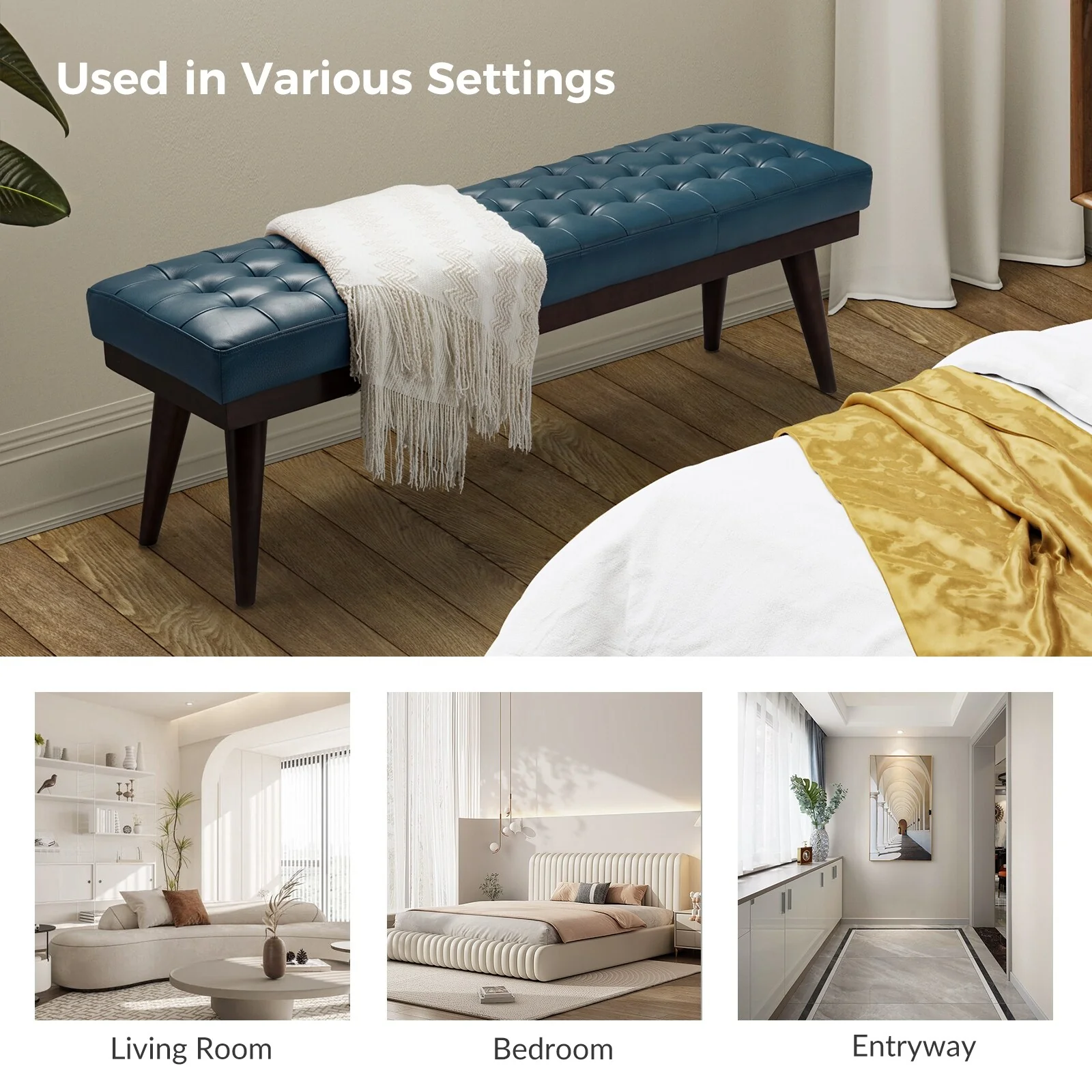 Felisa Modern Genuine Leather Tufted Bench With Solid Wood Base By HULALA HOME