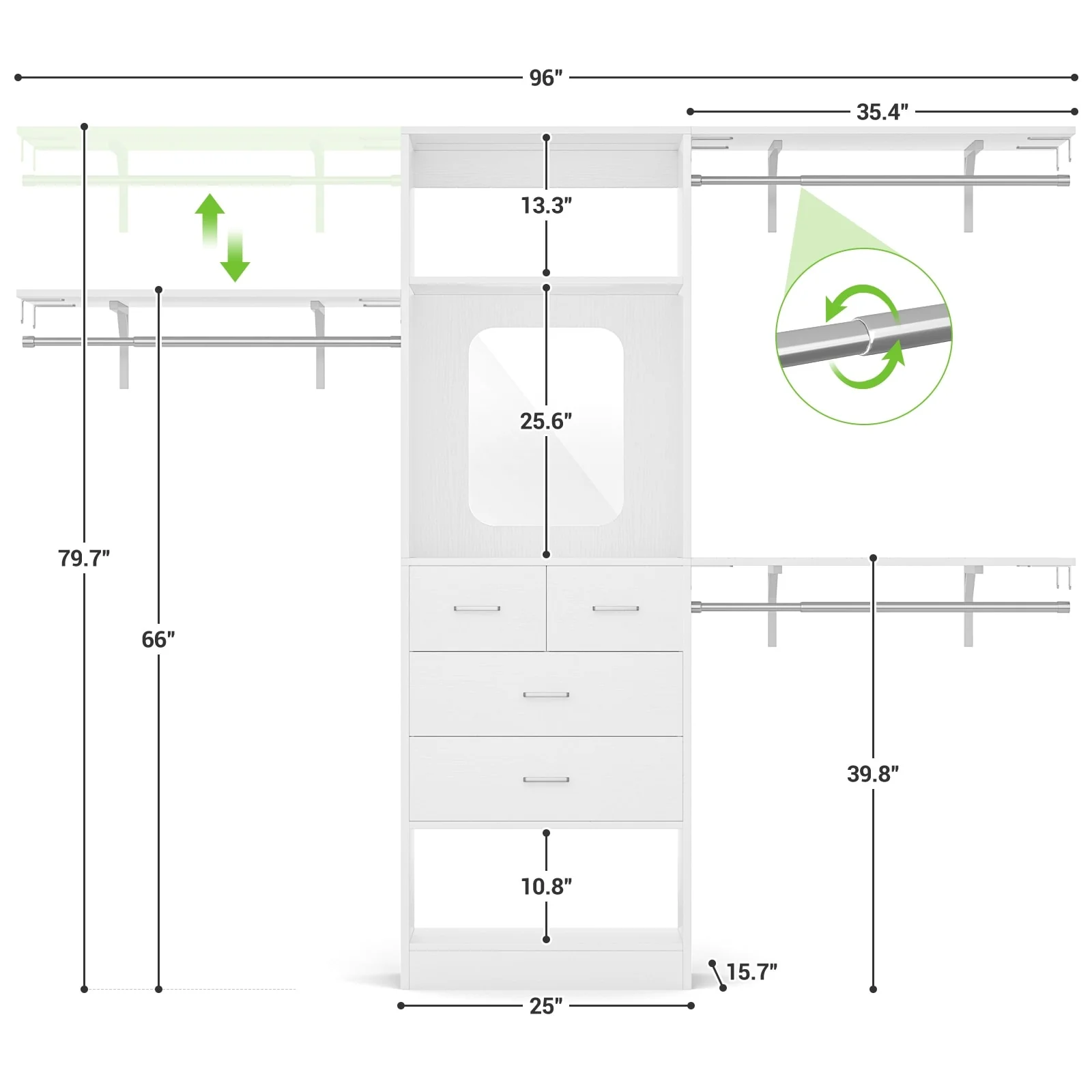 96'' W Closet System with Mirror, 8FT Walk-in Closet Organizer Kits with 4 Wooden Drawers ＆ 3 Extendable Hanging Rods