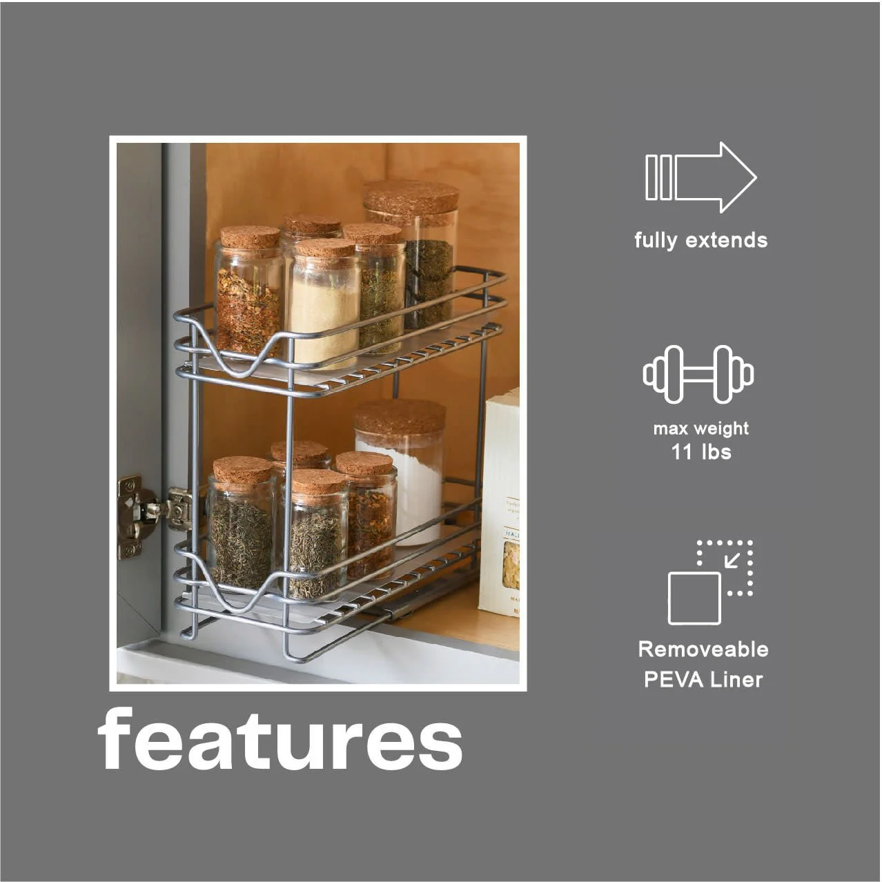 Household Essentials 2-Tier Brushed Nickel Spice Rack Organizer, Sliding Pantry Organizer