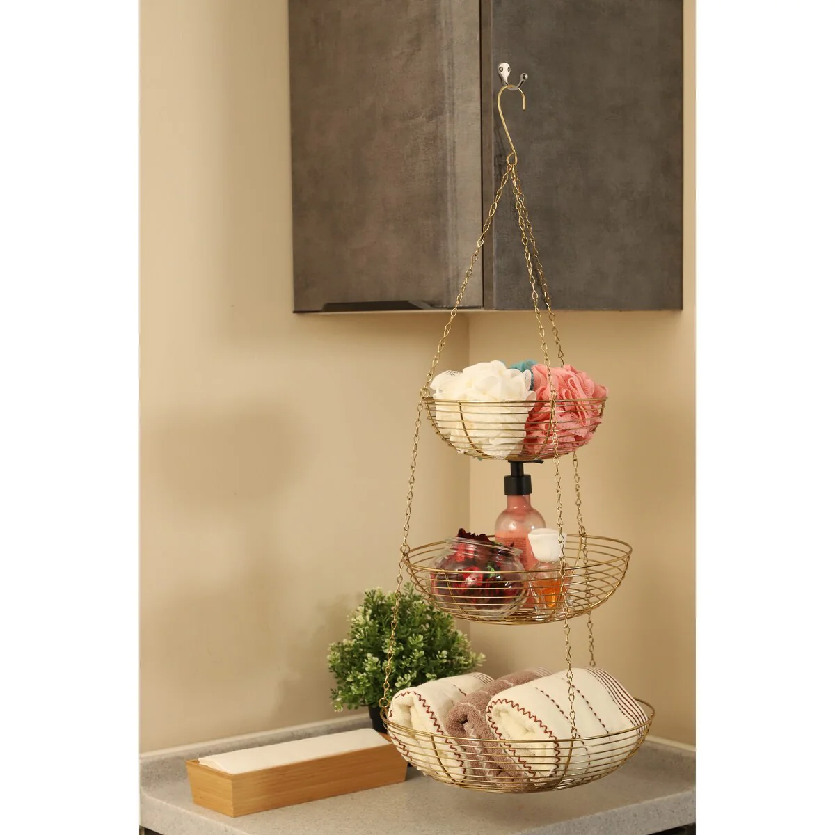 3 Tier Hanging Metal Basket in Gold/Copper