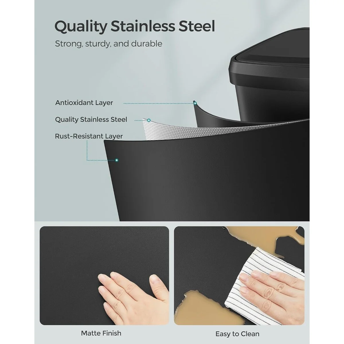 SONGMICS Kitchen Trash Can, 13-Gallon Stainless Steel Garbage Can, with Stay-Open Lid and Step-on Pedal, Soft Closure