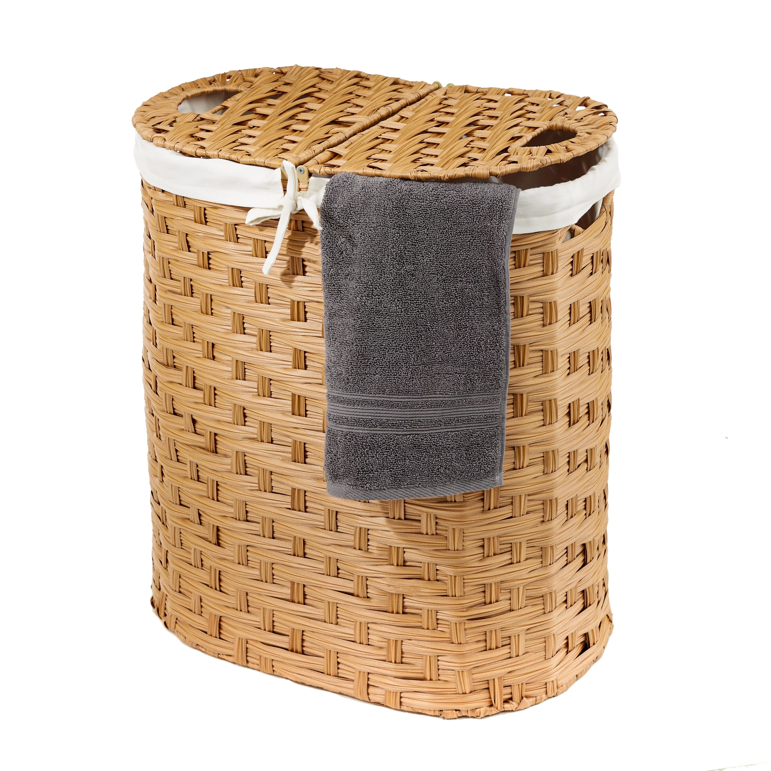 Seville Classics Handwoven Lidded Oval Double Laundry Hamper