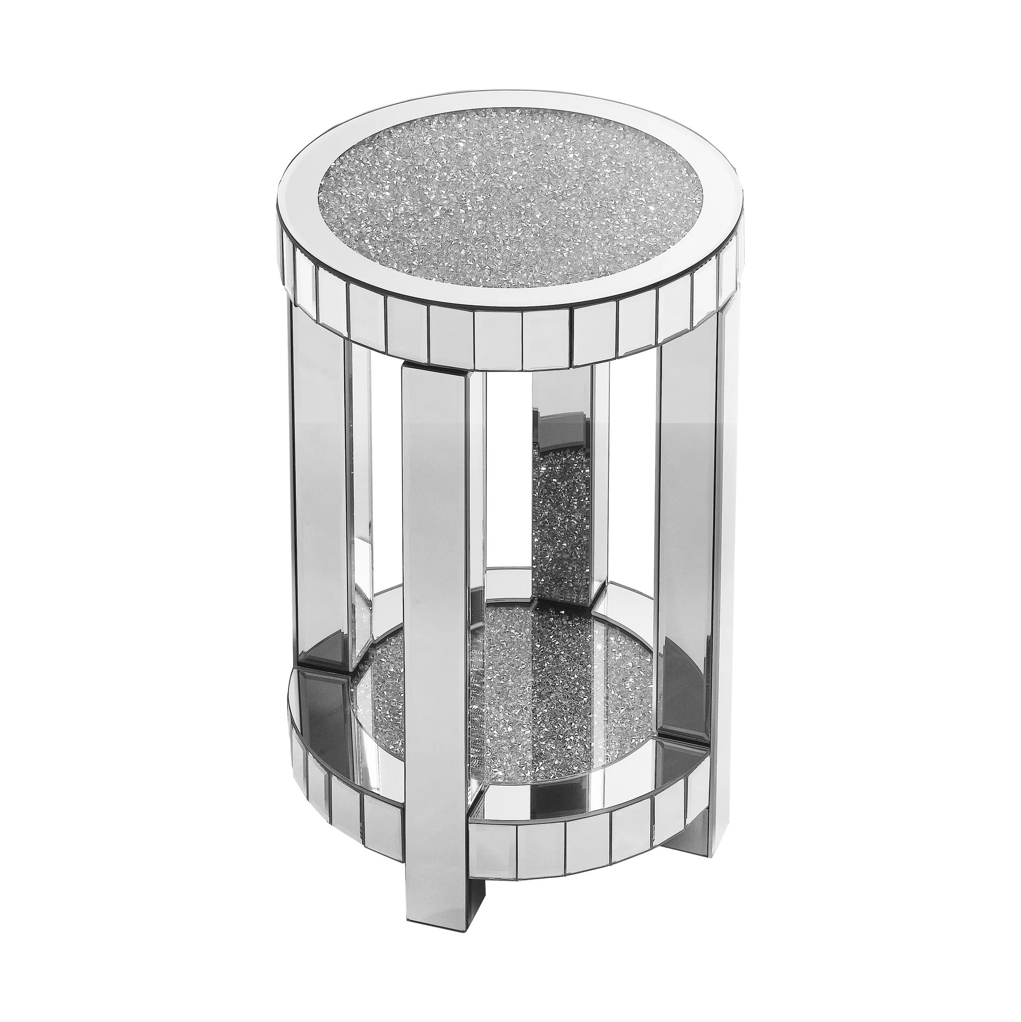 Mirror Round Side Table with Crystal Inlay and Storage Space