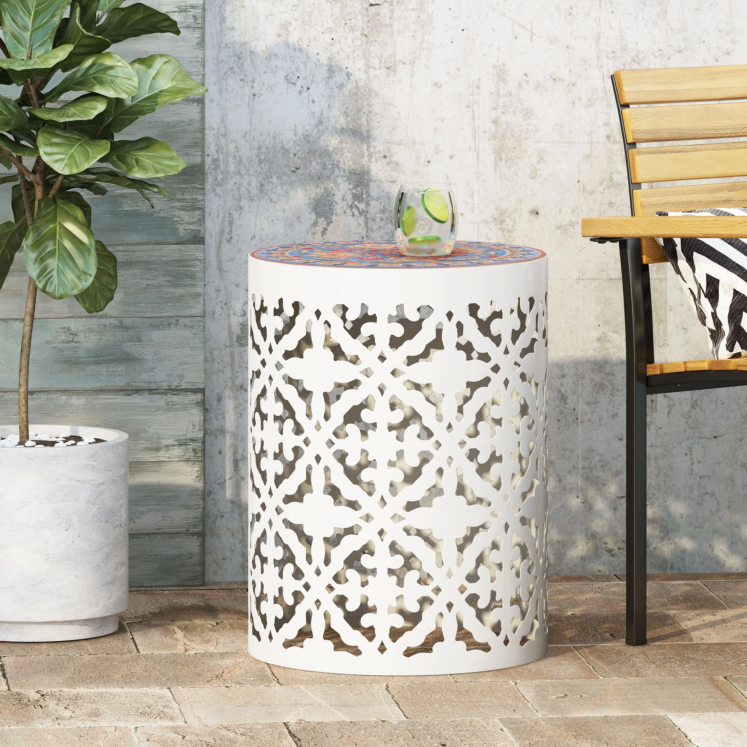 Curative Outdoor Side Table with Lace Cut Design and Metal Frame