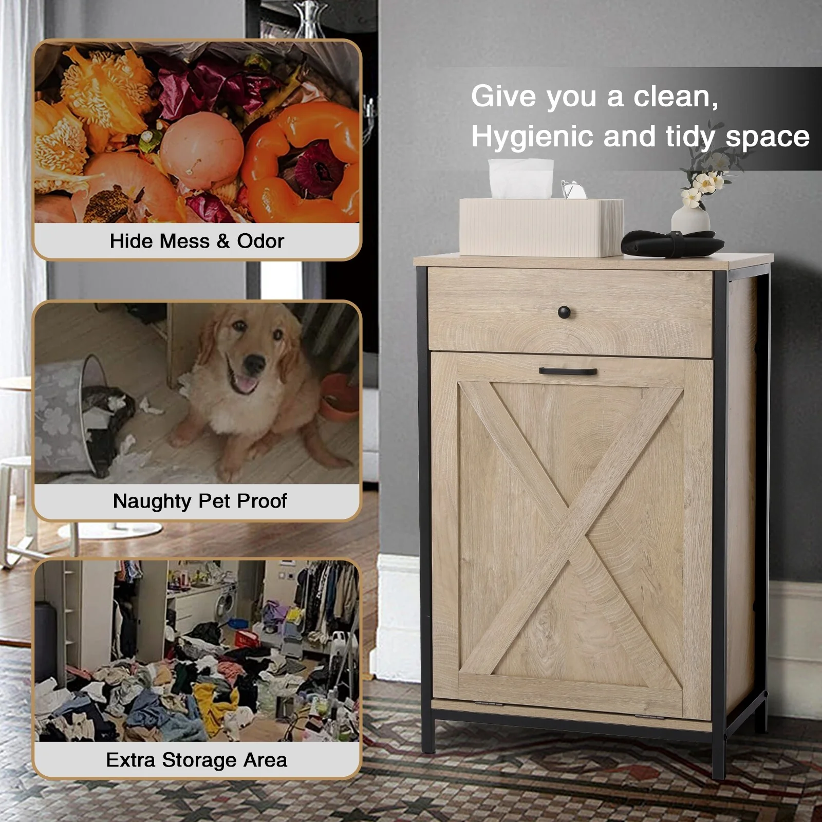 10 Gallon Tilt Out Kitchen Trash Cabinet Trash Can Wooden Tilts Out Hands Laundry Recycling Holder Brown