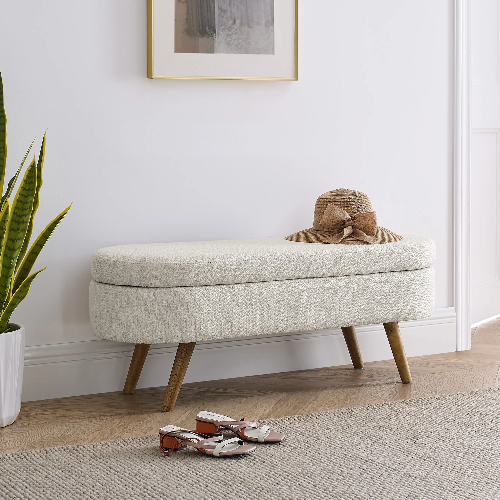 Ottoman Oval Storage Bench,Rubber Wood Legs, Beige