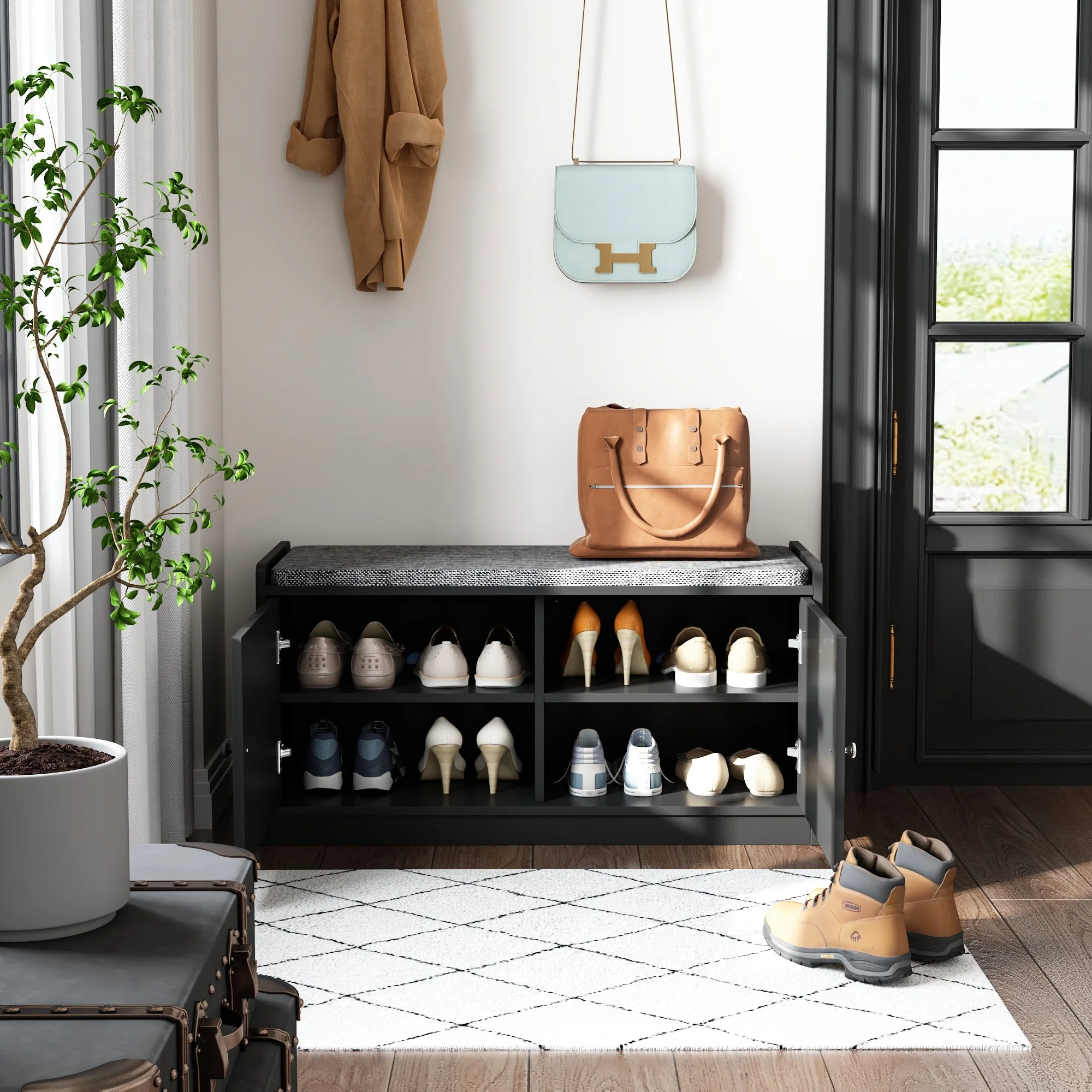 Hallway Shoes Storage Cabinet Bench with 2-Door & Padded Seat Cushion
