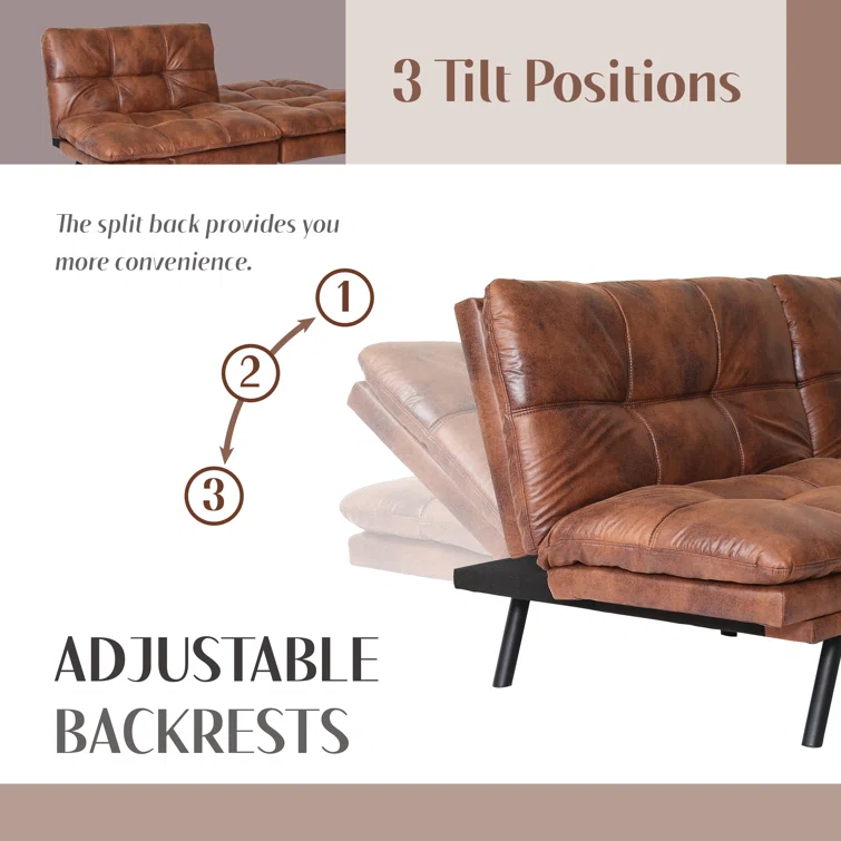 71" Convertible Faux Leather Futon Twin Size with Adjustable Arms