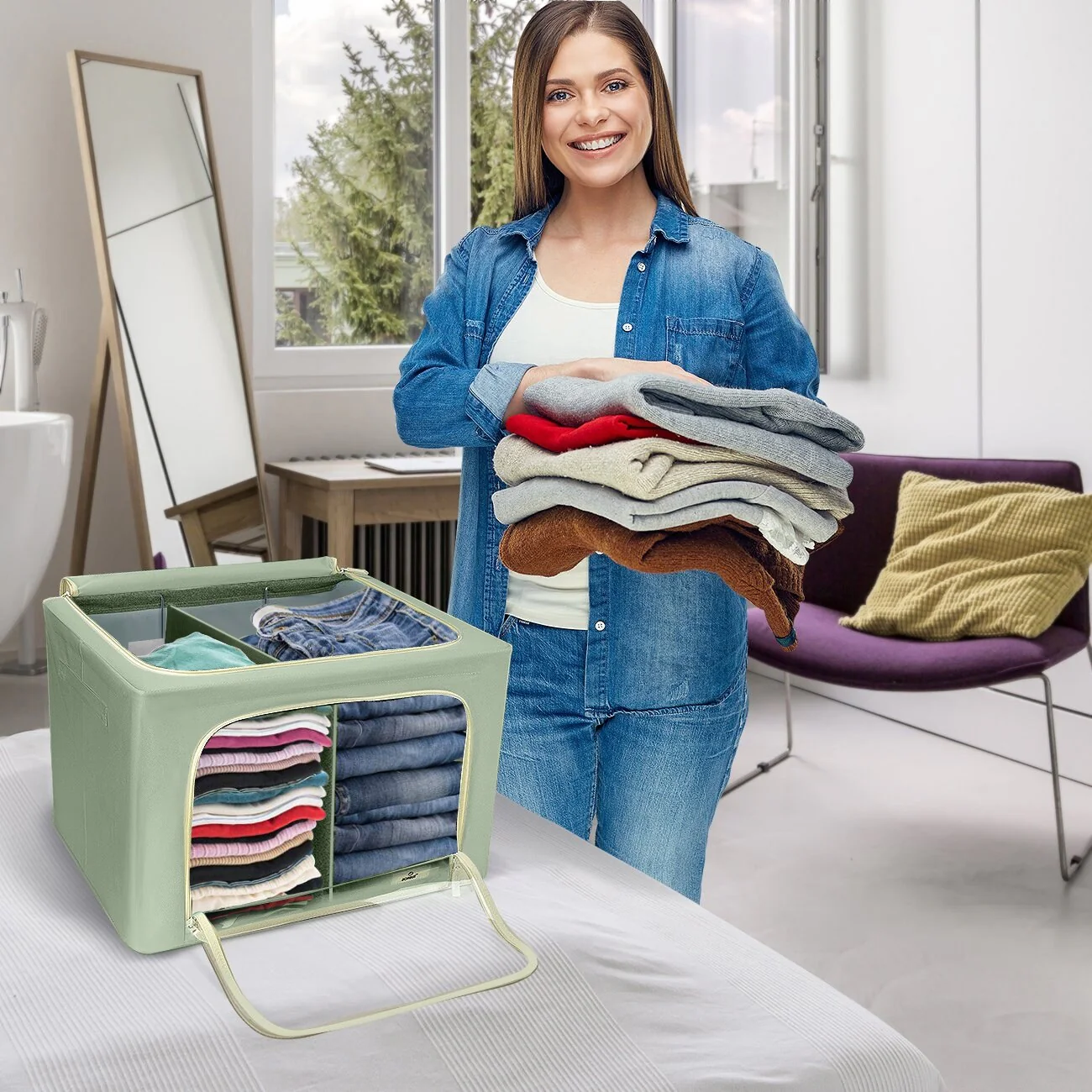 Foldable Storage Bag Breathable Bamboo Fabric Dustproof Organizer Box Charcoal - (2 Section - Beige) - N/A