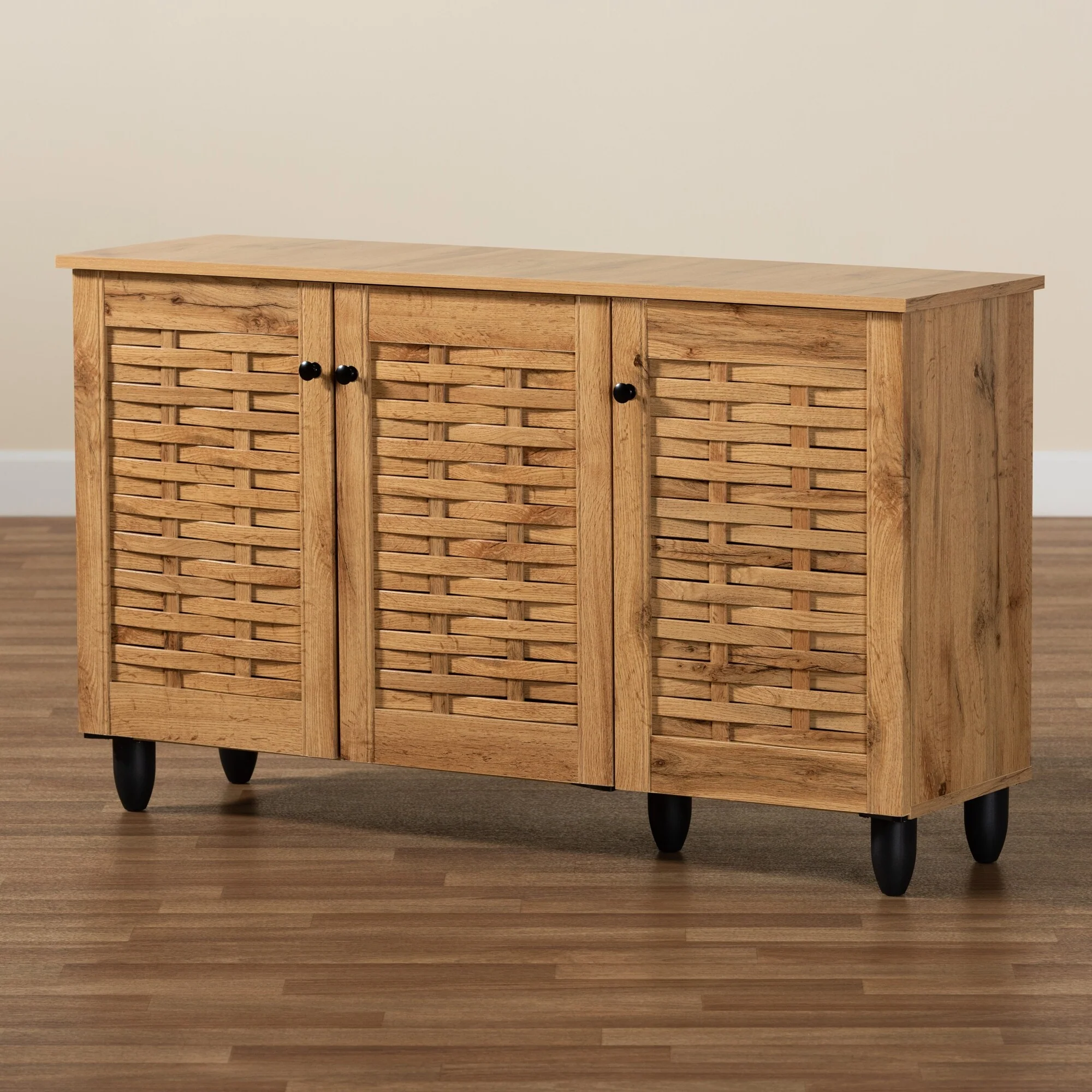 Winda Modern Oak Brown Finished Wood 3-Door Shoe Cabinet