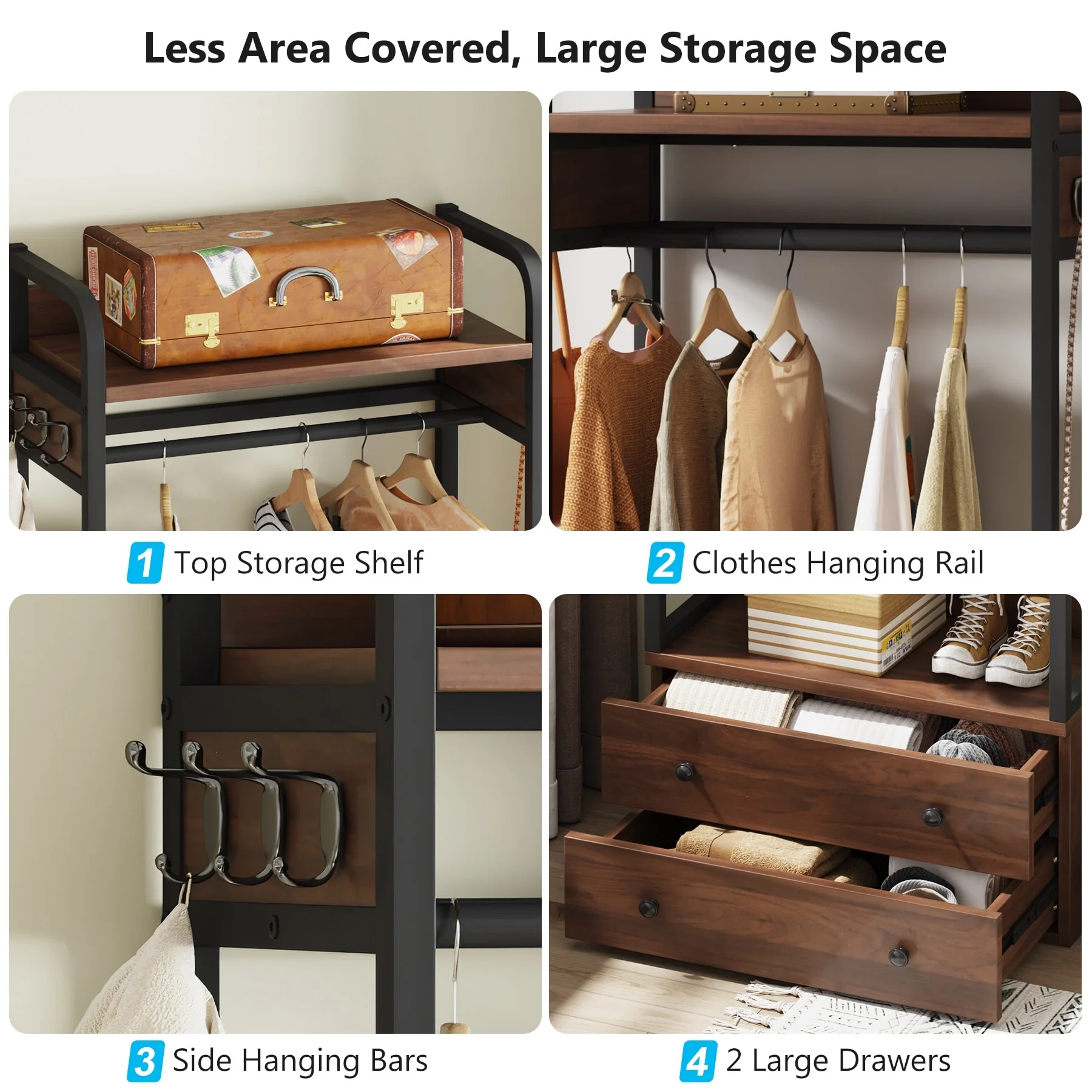 Freestanding Closet Organizer Small Clothes Rack Coat Rack with Drawers and Shelves