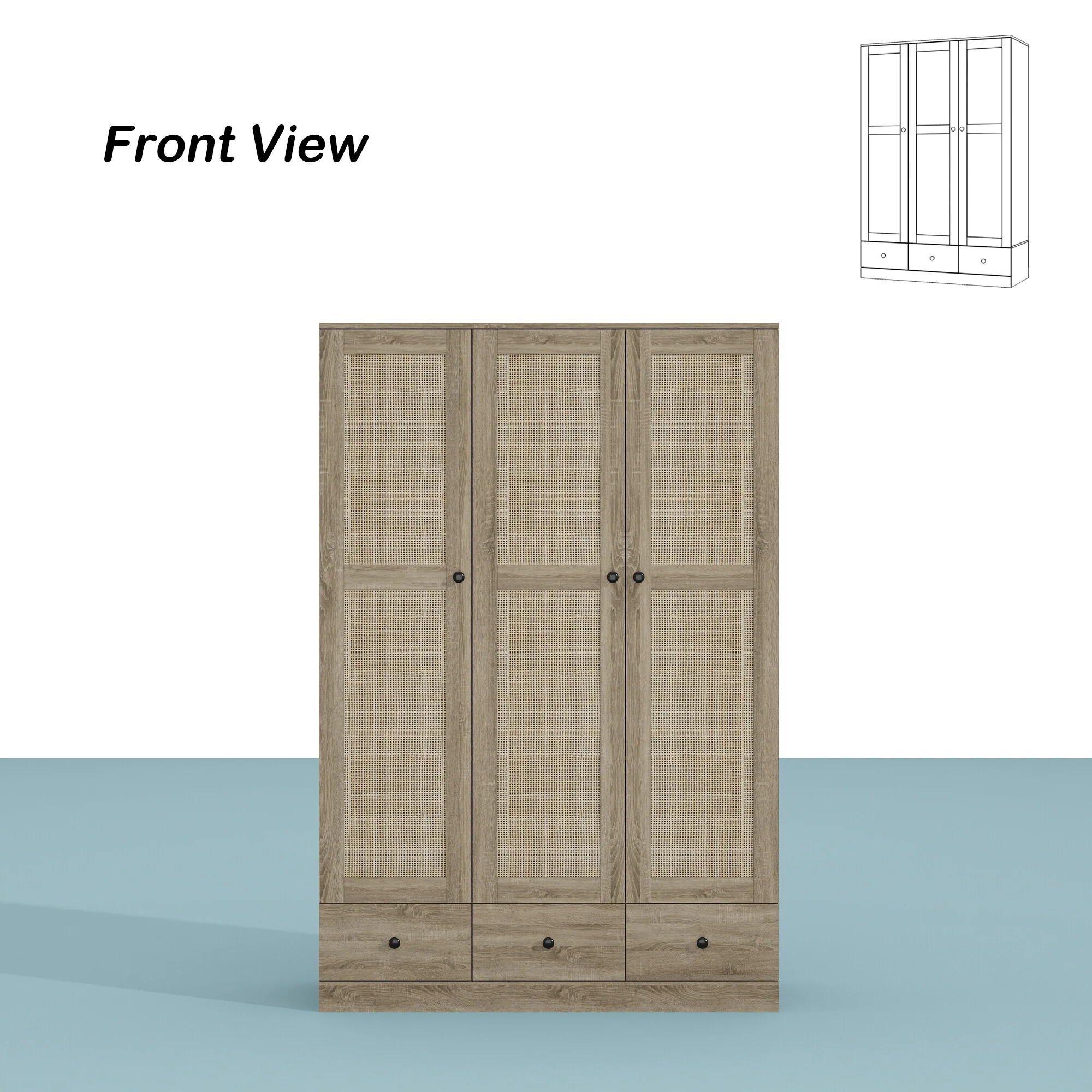 Large Storage Wardrobe Versatile Rattan Door Closet with Deep Drawers